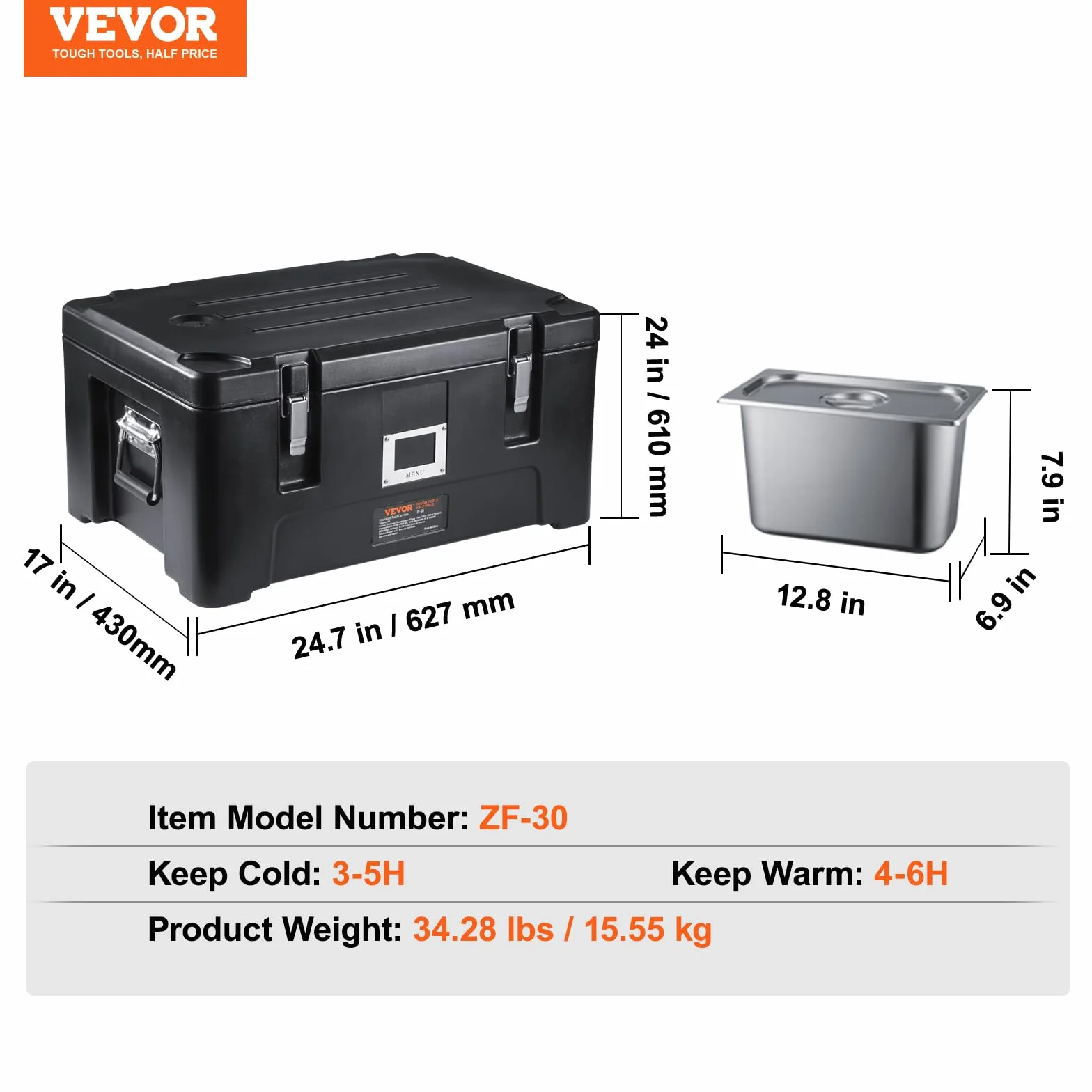 VEVOR Transportador de alimentos aislado 36 cuartos caja caliente apilable para catering con 3 sartenes de acero inoxidable calentador de alimentos LLDPE con asas laterales elásticas y hebillas, Negro