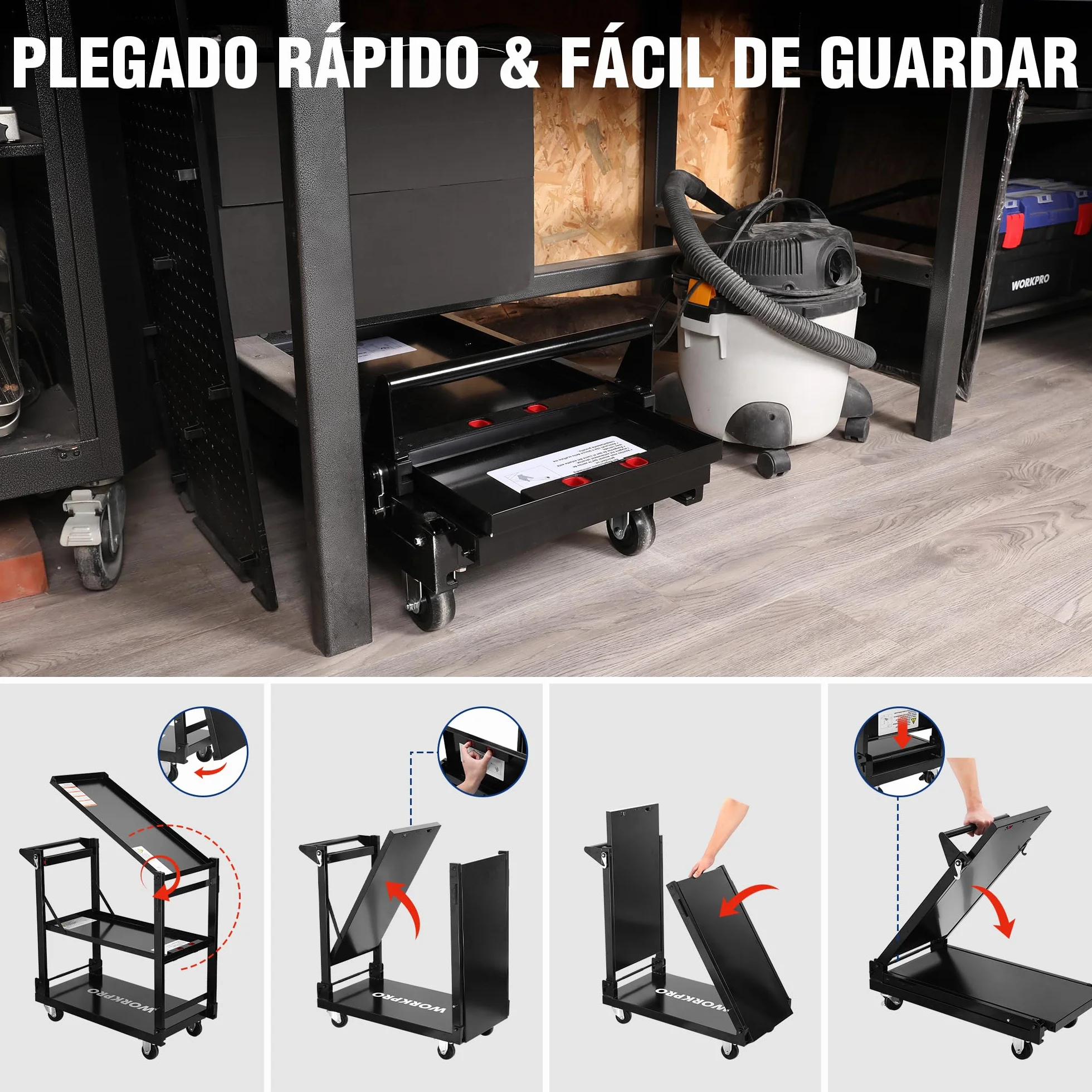 WORKPRO Carro de Servicio, 3-en-1 Carrito Plegable con Ruedas, Estantes de Almacenamiento Multifuncionales de Alta Resistencia, para Cocina, Hotel, Taller, Oficina, Almacén y Casa