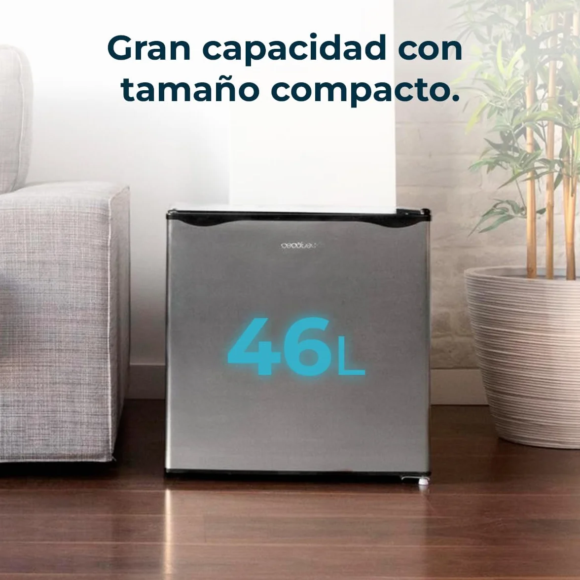 Cecotec Nevera Pequeña Frigorífico Mini Minibar 46L GrandCooler 20000 SilentCompress Inox E. Altura 48,7cm, 48 cm de Ancho, Bajo Consumo, Puerta Reversible, Funcionamiento Cíclico, Inox