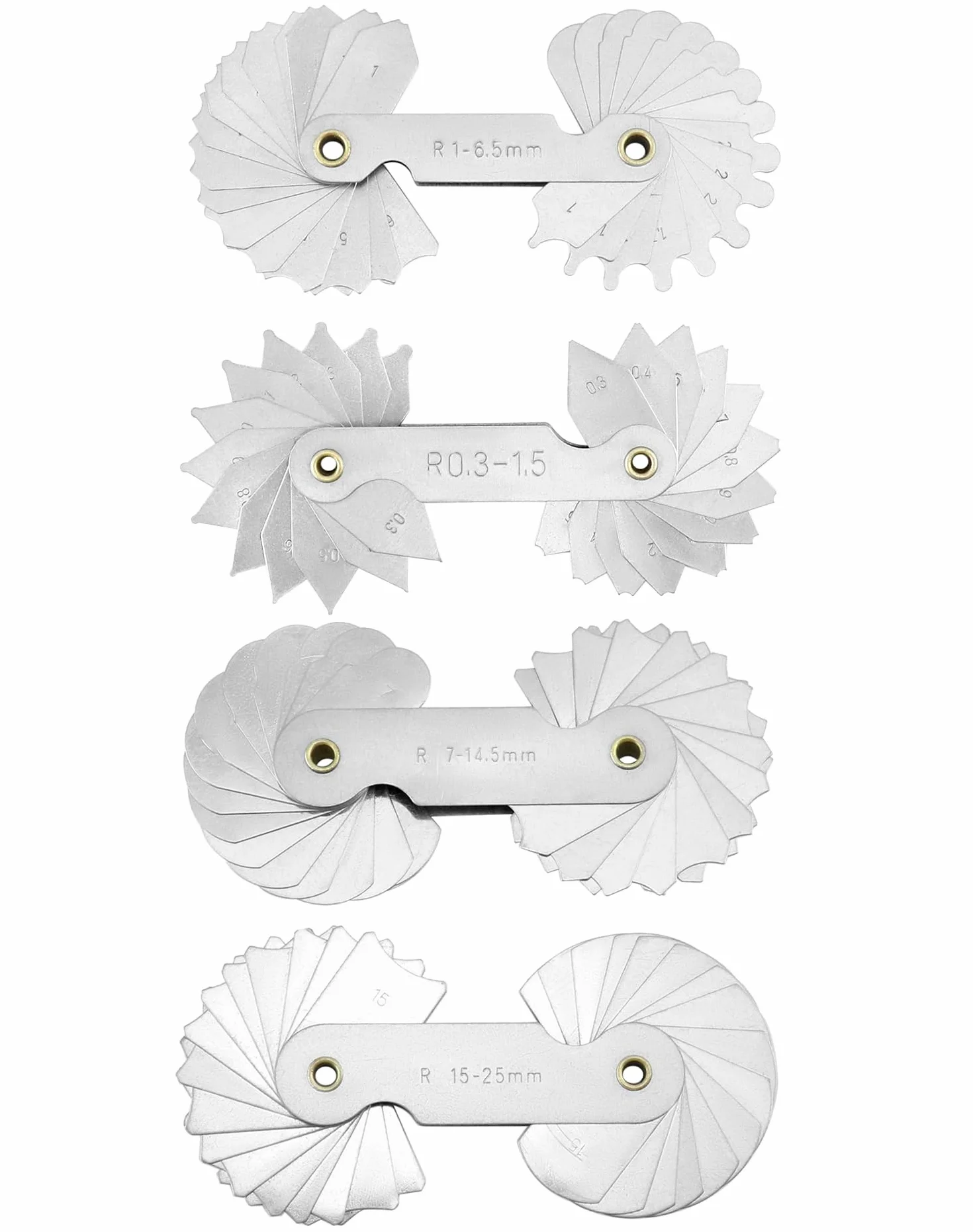 QWORK Medidor de filete acero inoxidable R0.3-1.5 R1-6.5 R7-14.5 R15-25 4 piezas