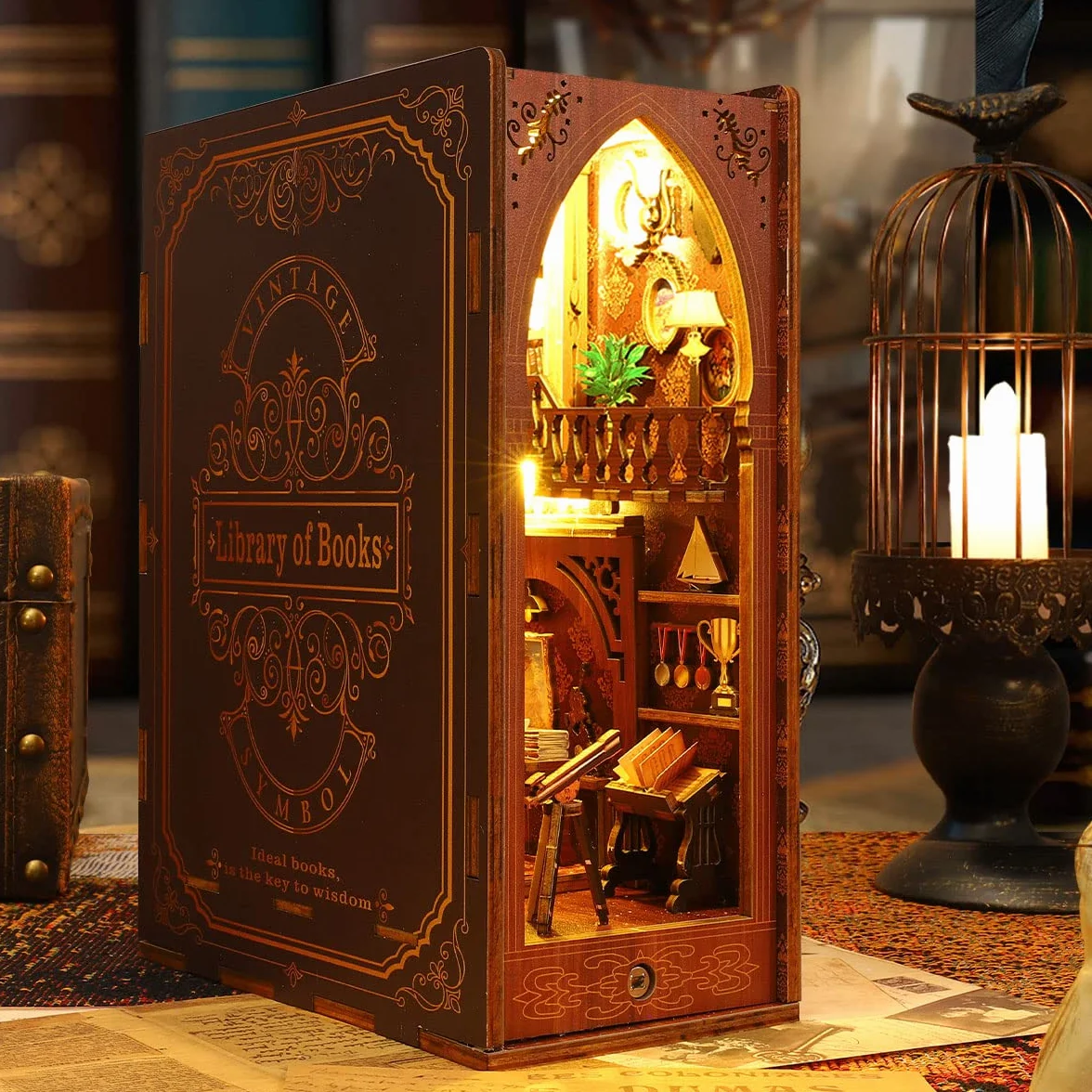 Kit de esquina libro DIY rompecabezas de madera 3D Sujetalibros con luces LED para adultos y niños