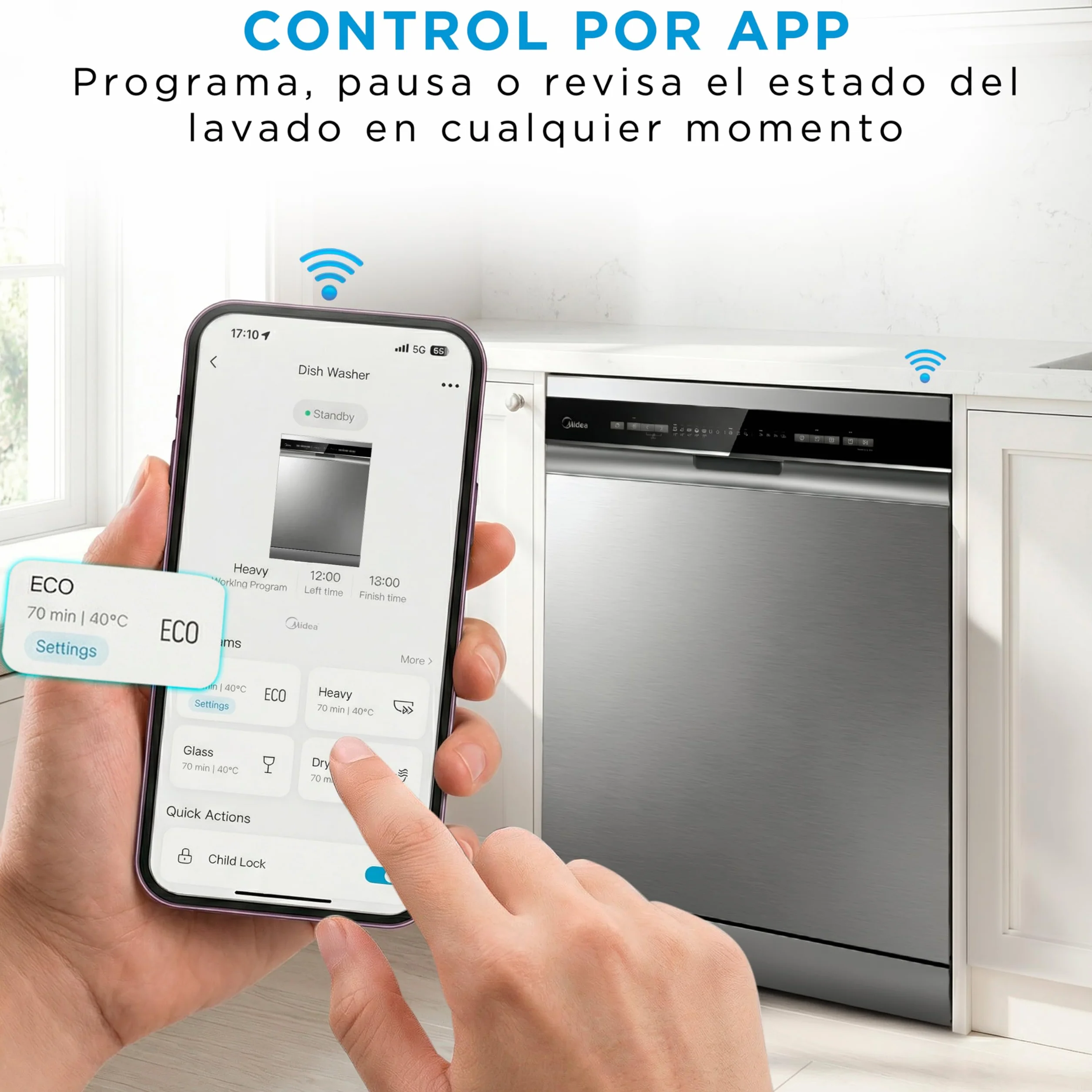 Midea Lavavajillas 60 cm Inox 14 servicios Libre instalación Compacto 10 Programas Filtro Antibacterias Programación Horaria