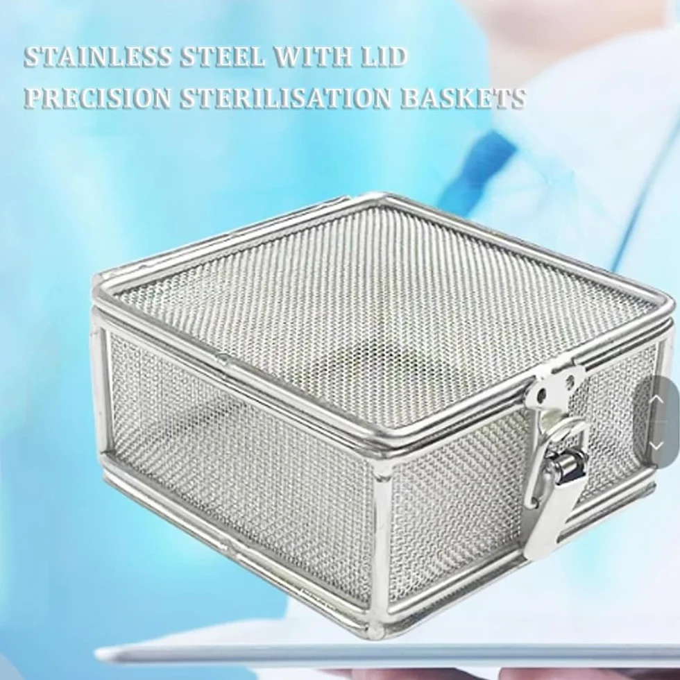Cesta de esterilización para instrumentos quirúrgicos, caja de malla de acero inoxidable con tapa, apta para autoclave para uso hospitalario y laboratorio, 25 x 17 x 7 cm