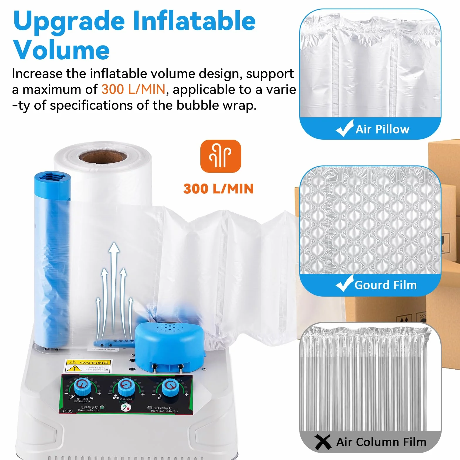 YUCHENGTECH Máquina de Cojín de Aire para Fabricar Almohadas de Aire 30-300 L/M Volumen de Inflado Ajustable Rápida y Eficiente, para Envío, Embalaje y Protección de Productos