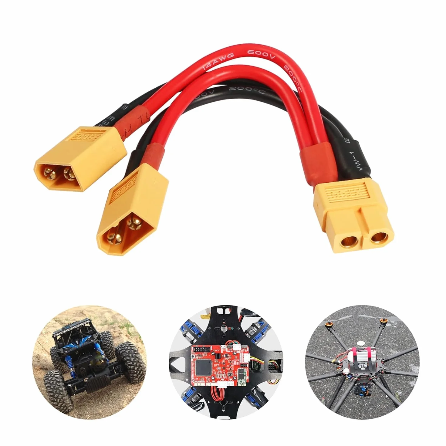 XT60 Adaptador de conector de batería paralelo Y Splitter 1 macho a 2 hembras Cable 14 AWG para RC Quadcopter