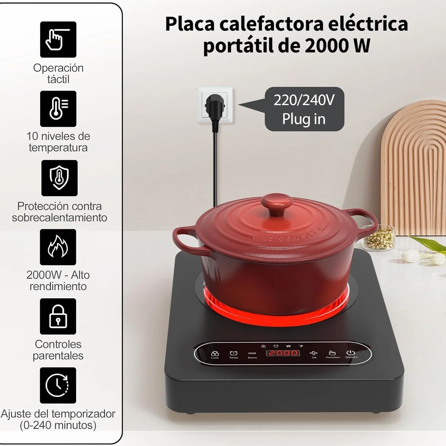 Placa Vitrocerámica Portátil 2000W 10 Niveles Temporizador 220V~240V Bloqueo Seguridad Controles Táctiles