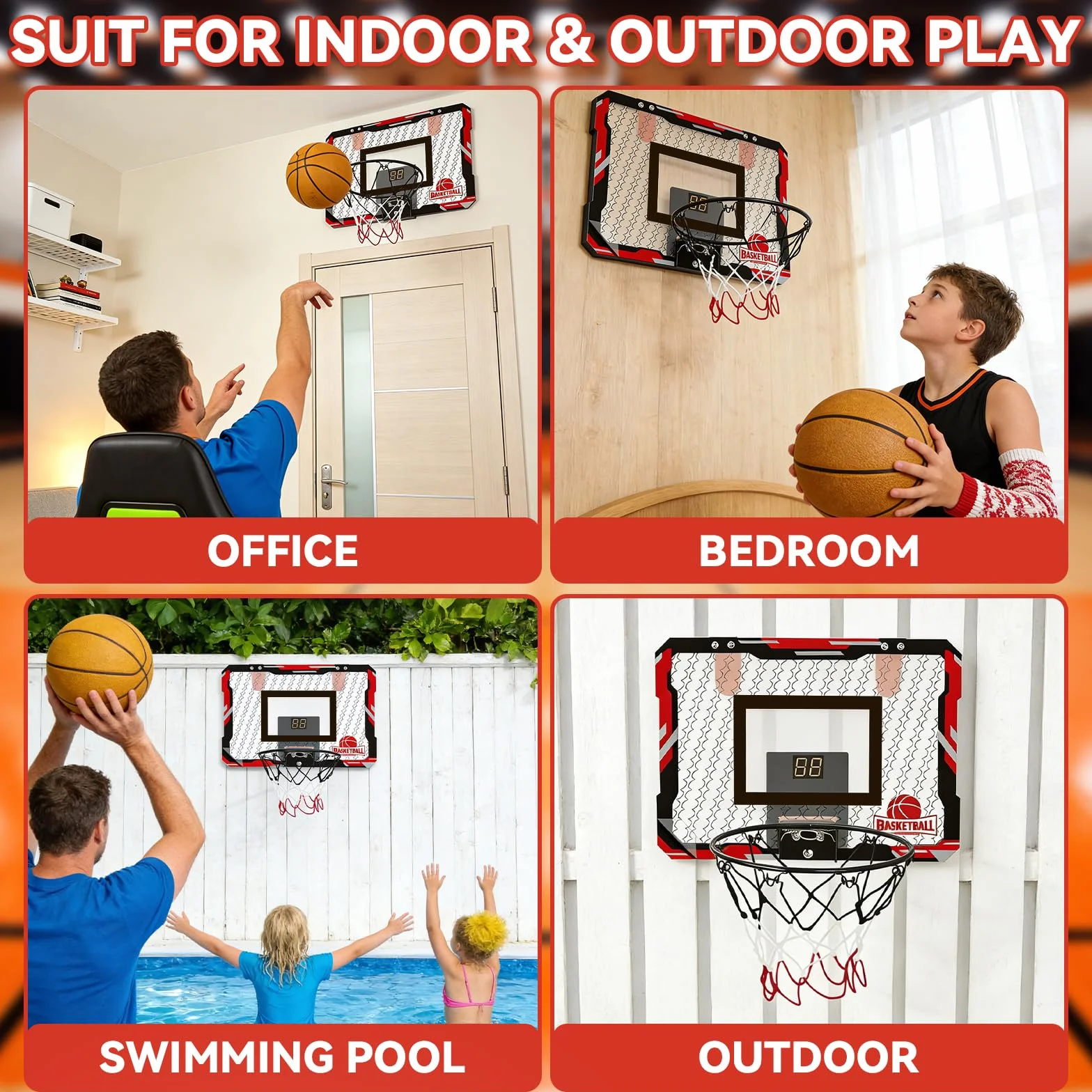Canasta Baloncesto Infantil TEKXDD Mini con 3 Pelotas y Marcador Rojo