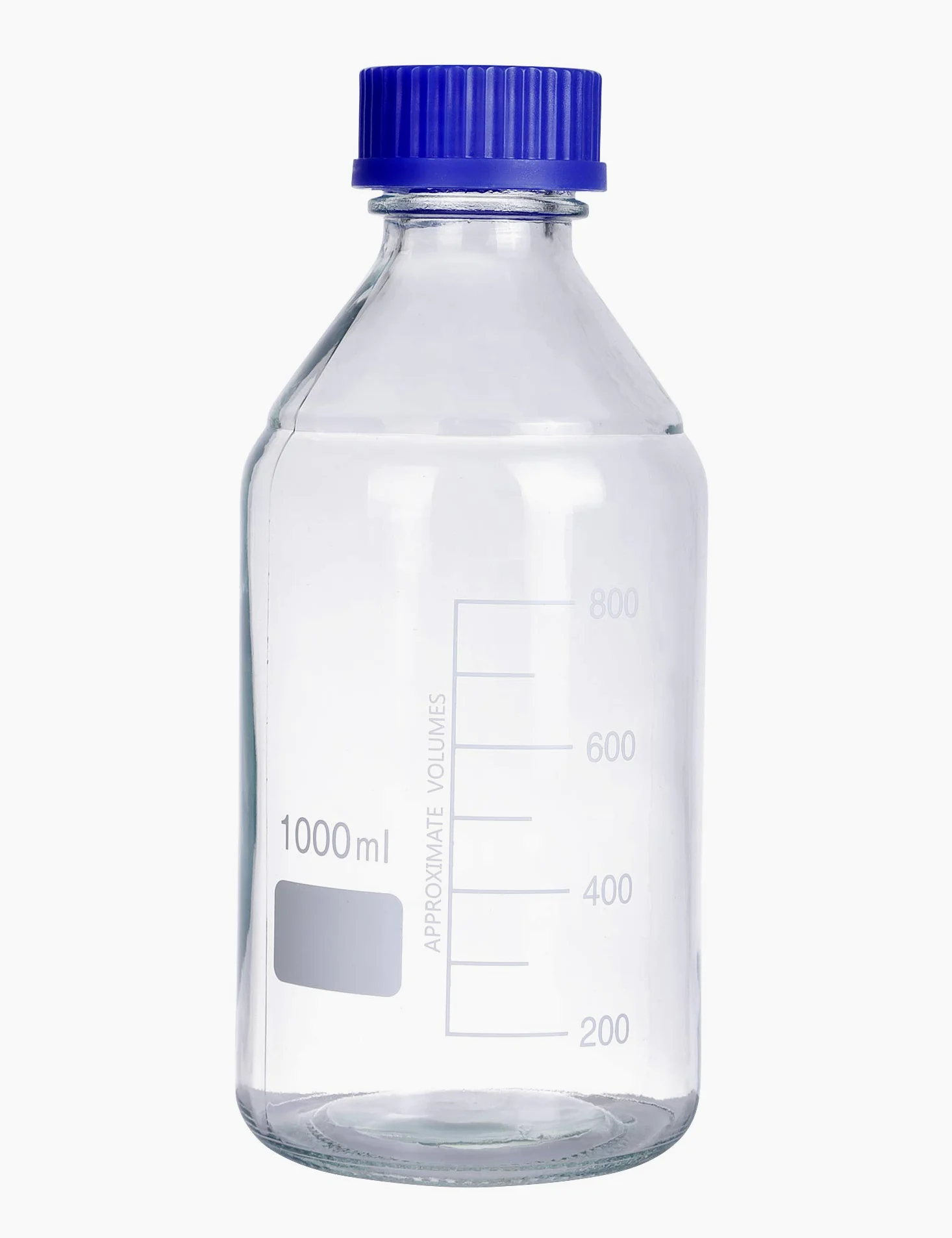 Pyrex - Paquete de 4 botellas de vidrio redondas graduadas de 1000 ml con tapón de rosca de polipropileno azul GL45