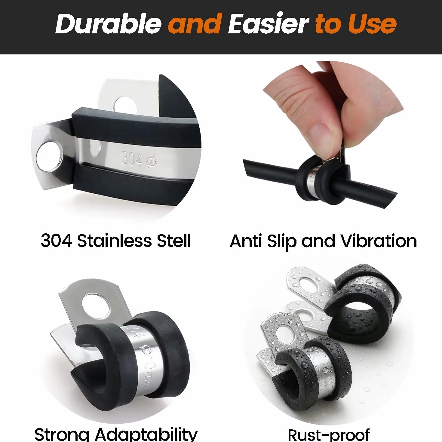 6 abrazaderas de cable de acero inoxidable 304 de 2-3/8 pulgadas con cojín recubierto de goma, abrazaderas de alambre aisladas para instalación de automóviles, tuberías, tubos, mangueras, líneas y
