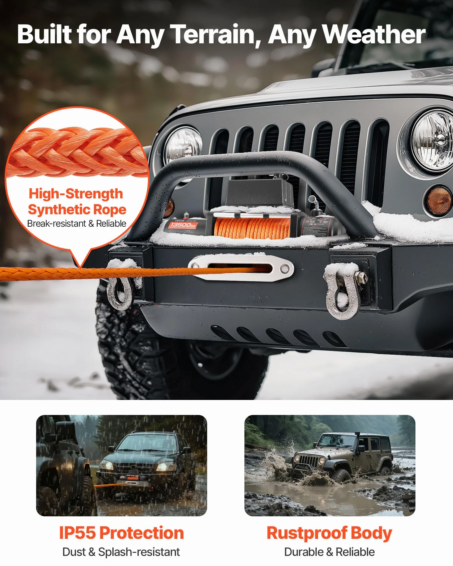 VEVOR Cabrestante Eléctrico 6123 kg 12 V CC Cuerda Sintética Guía de Cable Control Remoto Inalámbrico y por Cable Impermeable IP55 para Remolcar SUV Todoterreno, Jeep, Camión, Remolque, Barco