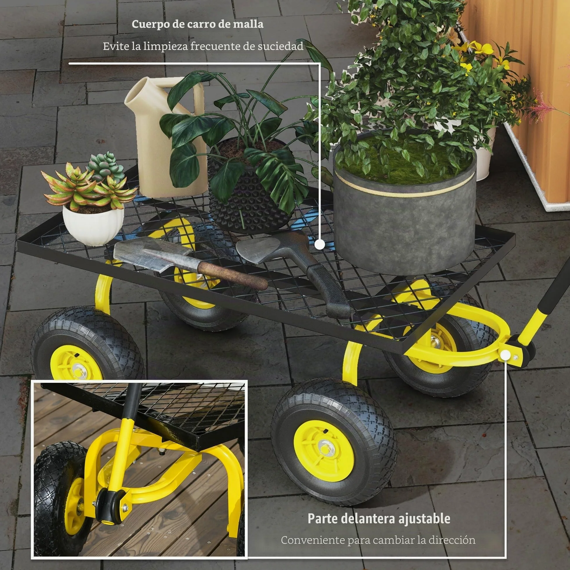 Outsunny Carro de jardín resistente estructura metálica Amarillo | Ruedas neumáticas 10", manija giratoria, capacidad 150kg, para granja
