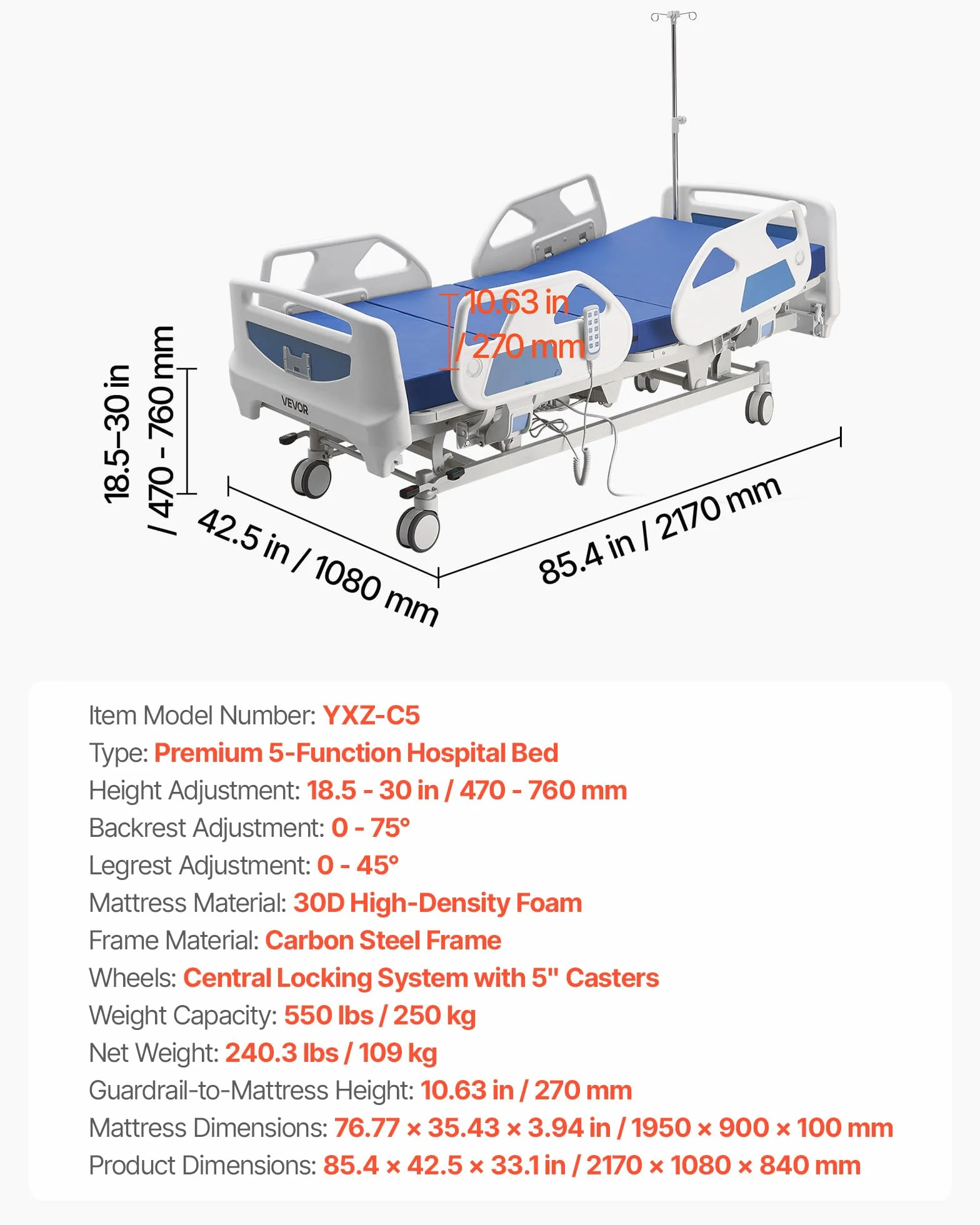 VEVOR Cama de Hospital Eléctrica de 5 Funciones, con Sistema de Cierre Centralizado y Trendelenburg, Cama Médica con Ruedas para Hospitalización en Easa, Capacidad de 250 kg, 217 x 108 x 47-76 cm