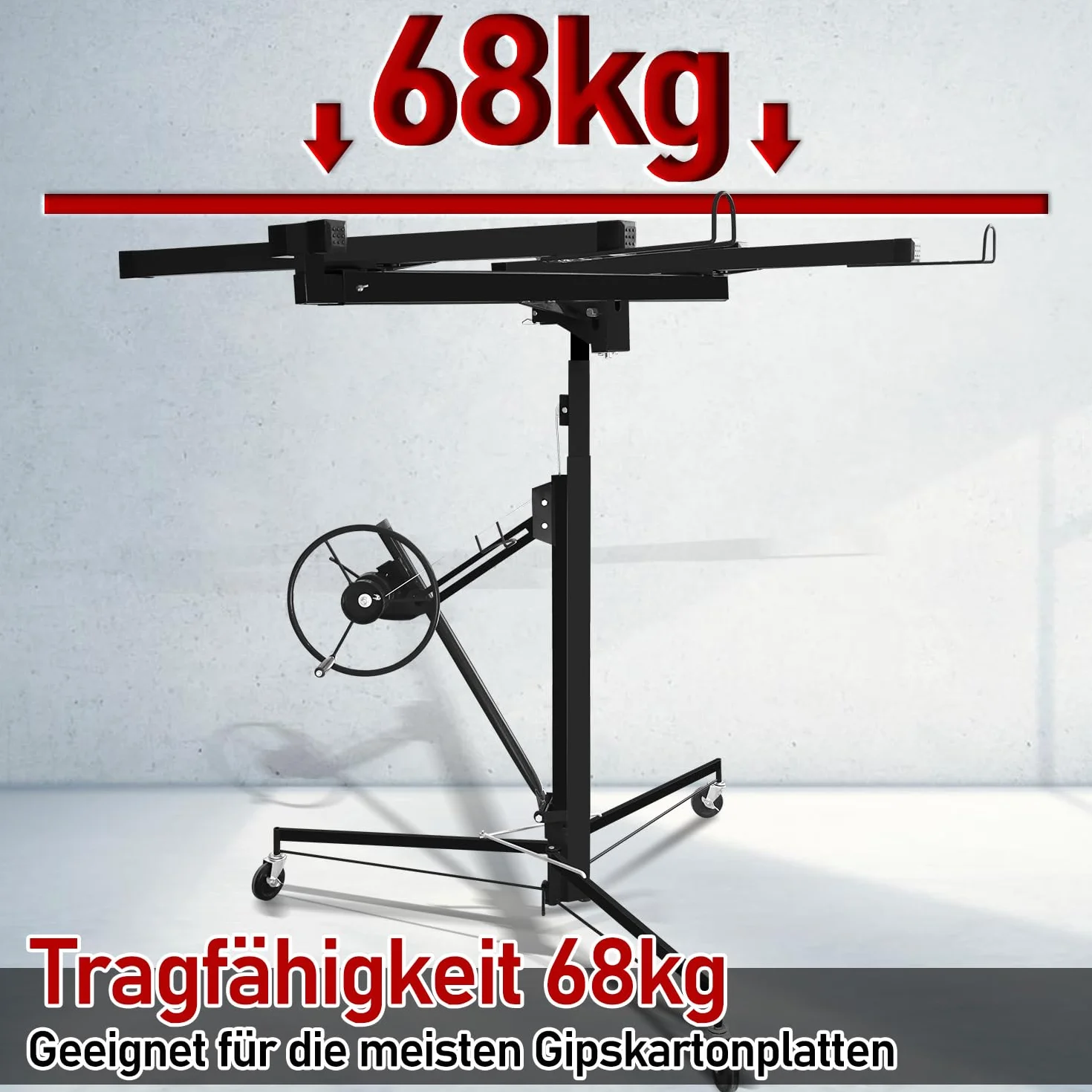 Sonnewelt - Elevador de placas negro, 68 kg de carga, plegable, altura ajustable XXL de 140 cm a 350 cm, ancho máximo del brazo de carga de 290 cm