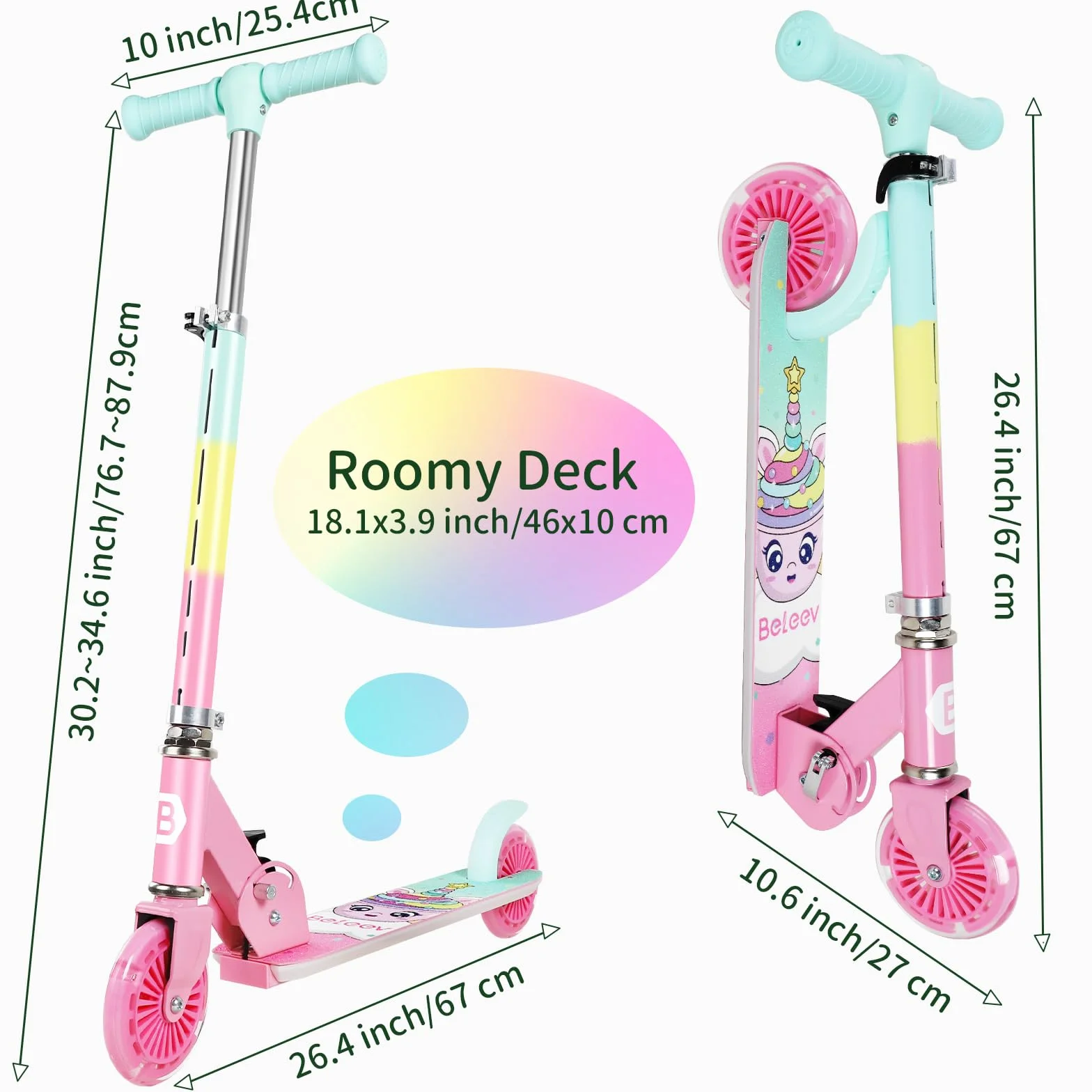 BELEEV V2 Patinete Infantil 2 Ruedas Plegable con Luces LED, 3 Alturas Ajustable para Niño Niña 3-12 Años