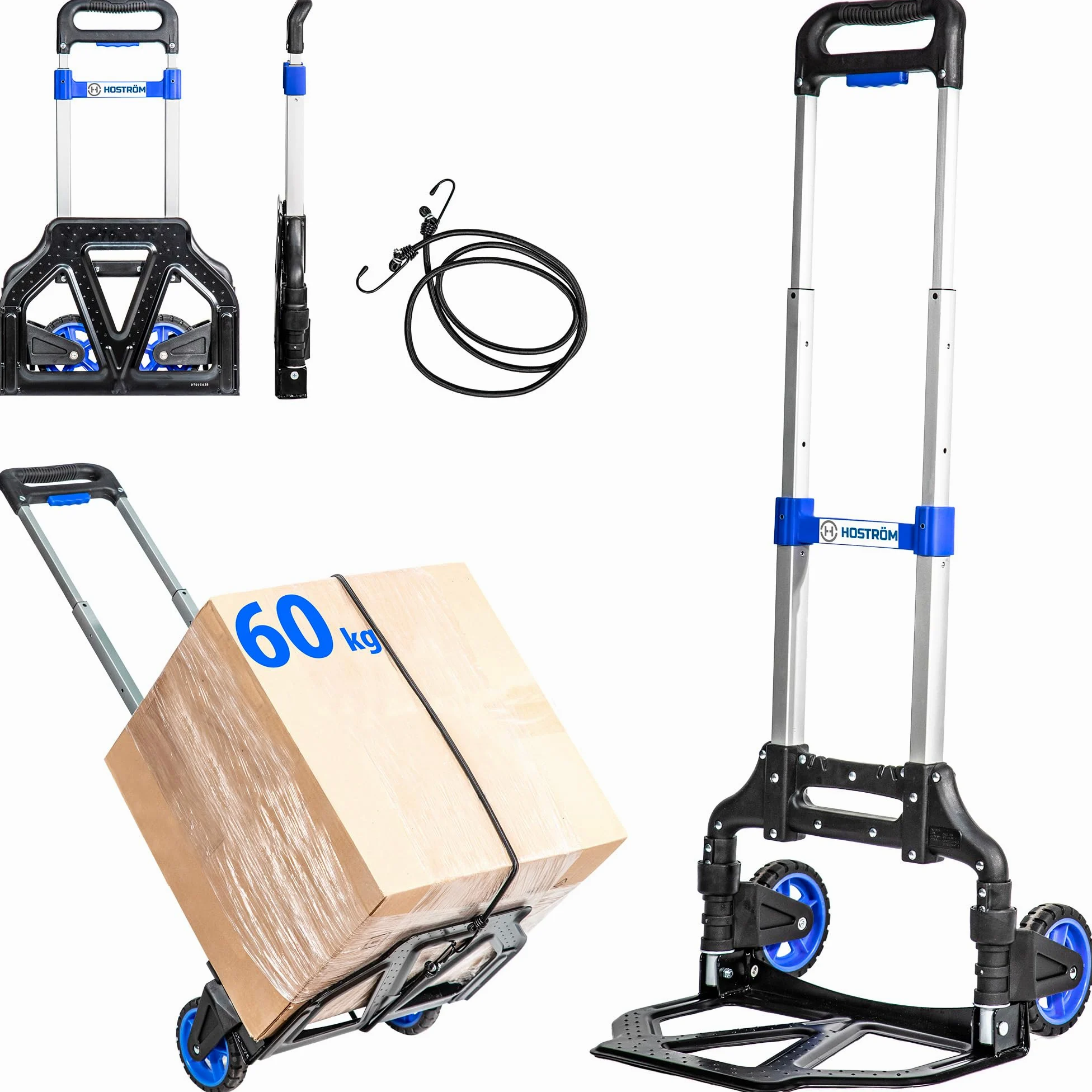 HOSTRÖM Carretilla Plegable de Aluminio de 2 Ruedas para Mover y Transportar Materiales. Compacta y Ligera. Carga máxima: 60 kg. 5 años de garantía.