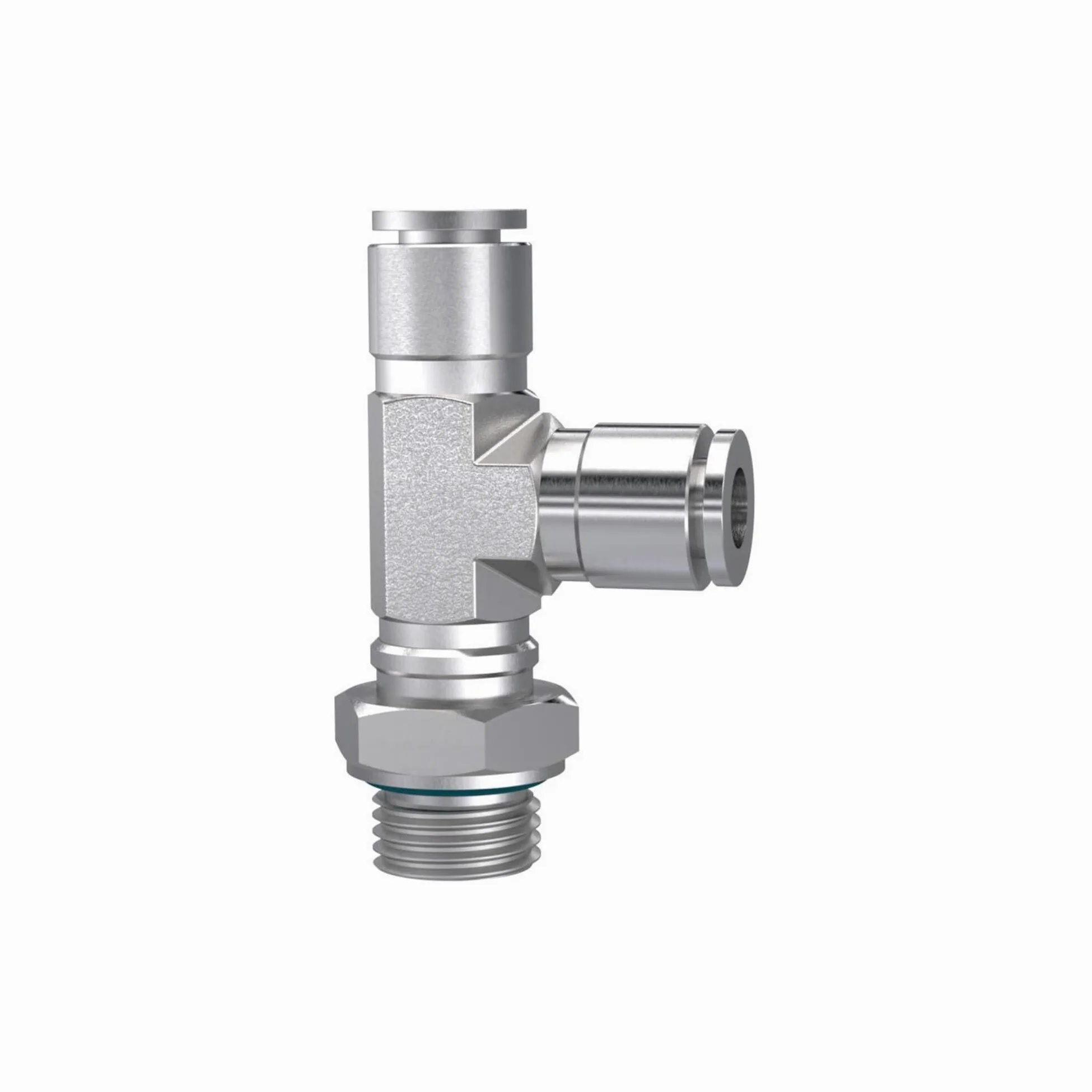 Racor en T, giratorio, forma de L, G 3/8 A, para manguera de diámetro exterior de 8 mm, presión de trabajo máx. 20 bares, acero inoxidable 1.4404.