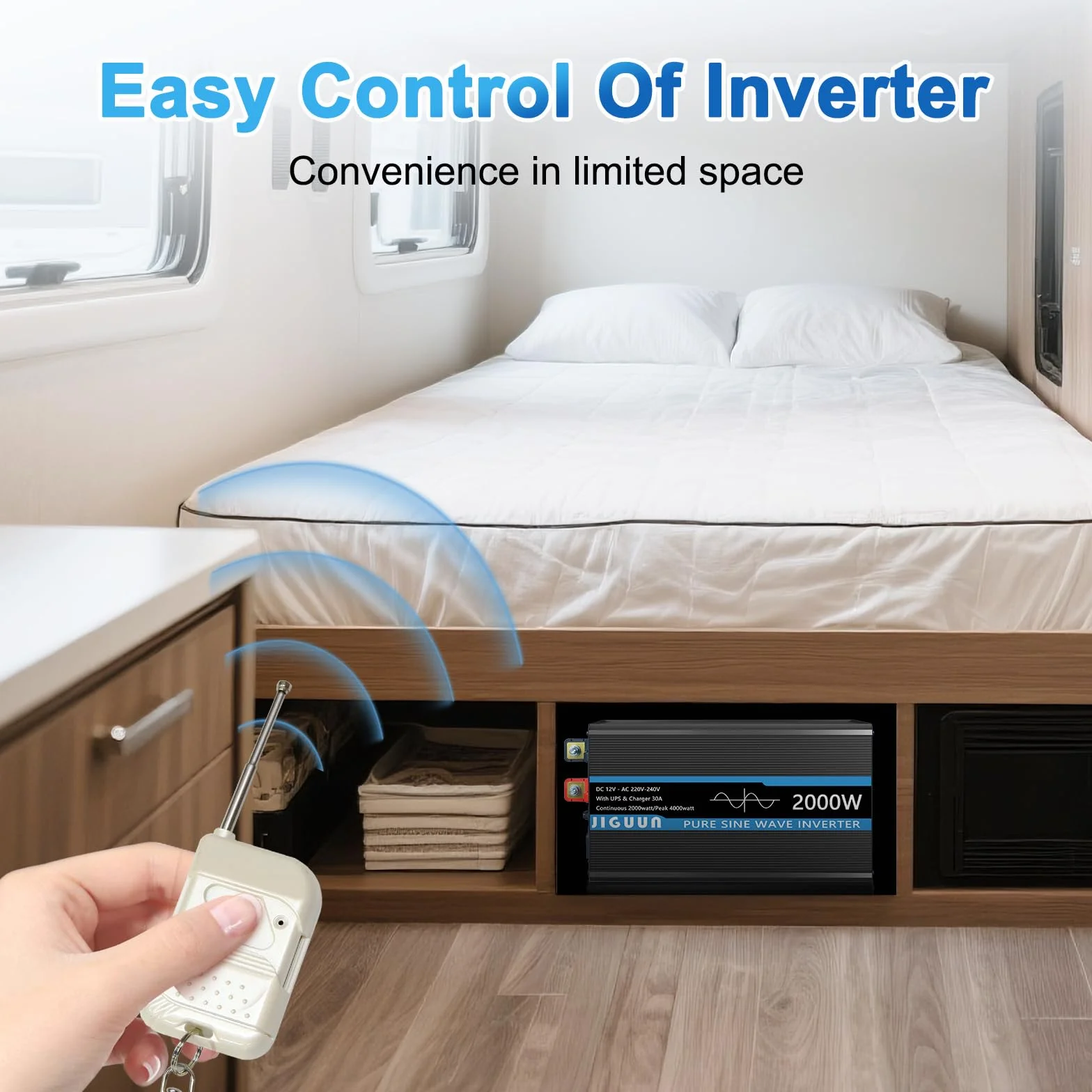 JIGUUN 2000W Inversor 12V 220V Onda Pura Inverter con Cargador 30A y Circuito Prioritario de Red y SAI，2 Tomas EU, Mando a Distancia Inalámbrico y Pantalla LCD Potencia Pico 4000W