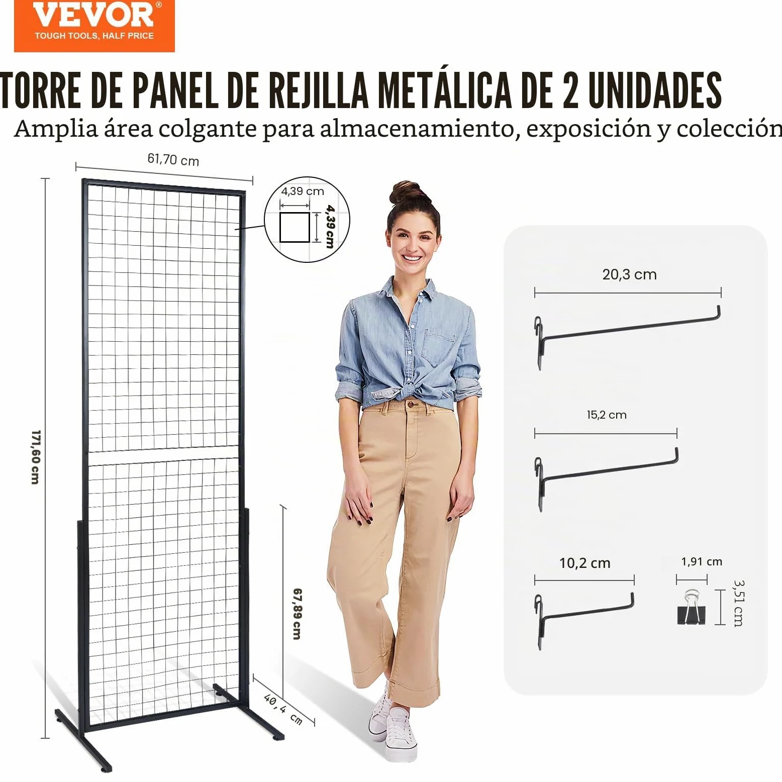 VEVOR Torre de Panel de Rejilla de Alambre 2 Unidades Panel de Exhibición de Malla Independiente 617x1716 mm Carga de 27 kg Accesorios Completos Instalación Fácil para Presentación de Nota Fotográfica