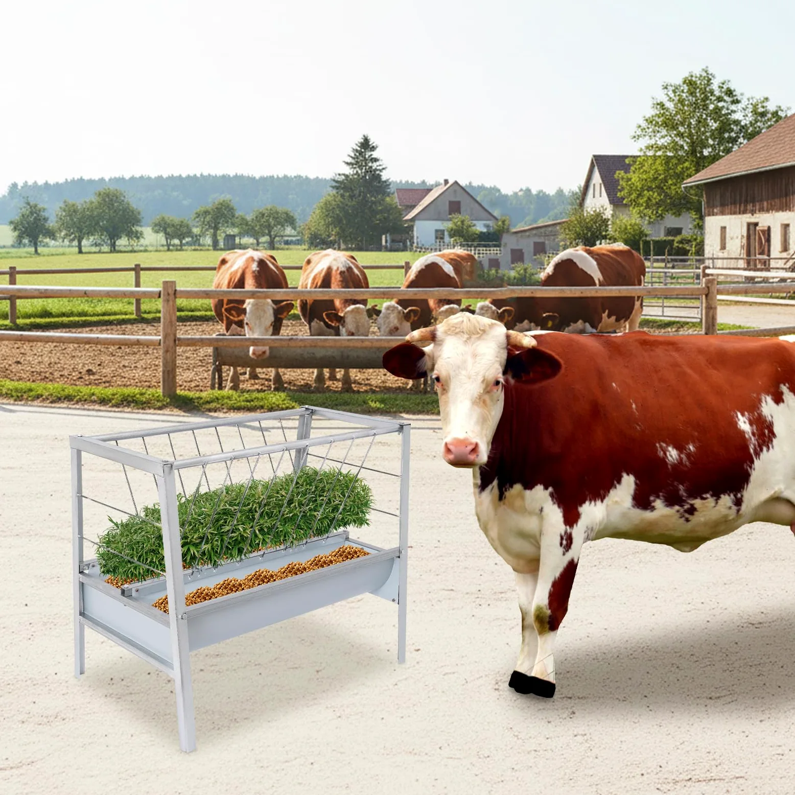 Comedero grande 2 en 1 de acero resistente para heno y cereales con más profundo y independiente, comedero para caballos, cabras, ovejas y ganado, 100 x 66 x 85 cm
