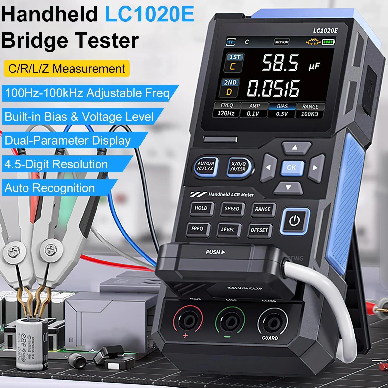 LC1020E Medidor LCR, 100kHz Digital Meter LCR ESR Medidor para medición de inductancia de capacidad de resistencia, 19999 Cuentas, Mide ESR/Q/D/θ/X, calibración apertura cortocircuito, Pantalla dual