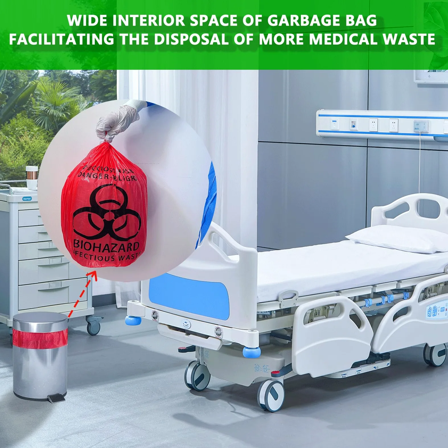 Bolsas de basura Biohazard de 62 cm, bolsas de eliminación de residuos infecciosos seguras de 10 galones, forro de basura rojo, bolsas sin fugas, grado médico (100 unidades de 62 x 62 cm)
