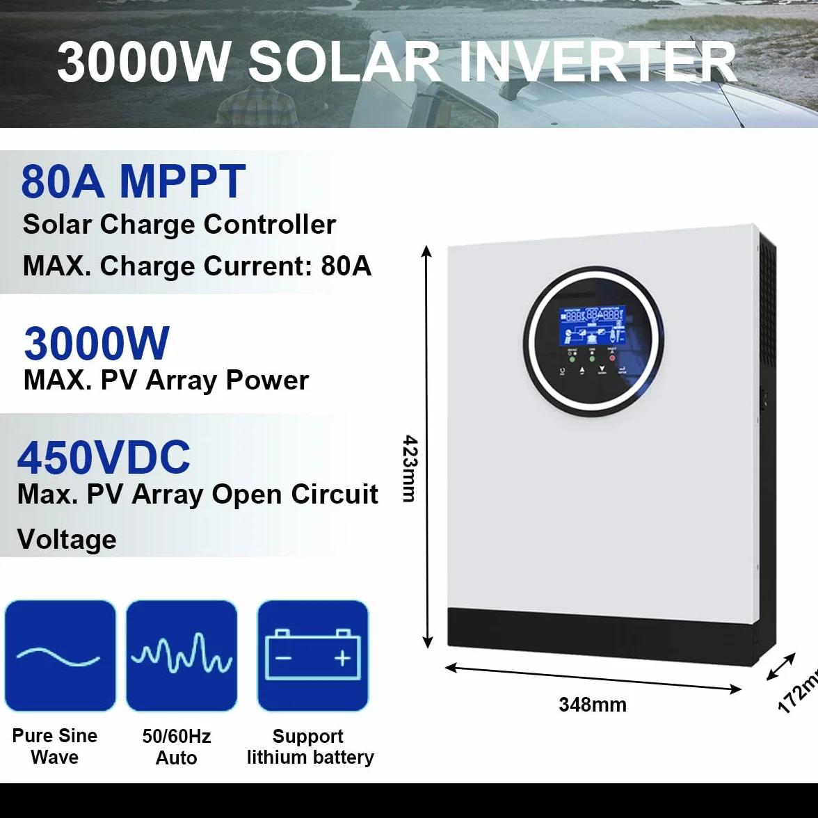 Inversor híbrido Solar de 3KW / 3000W DC 24V AC 230V Inversor de Onda sinusoidal Pura Fuera de la Red 90A MPPT Cargador Solar, PV 130-430V en Soporte