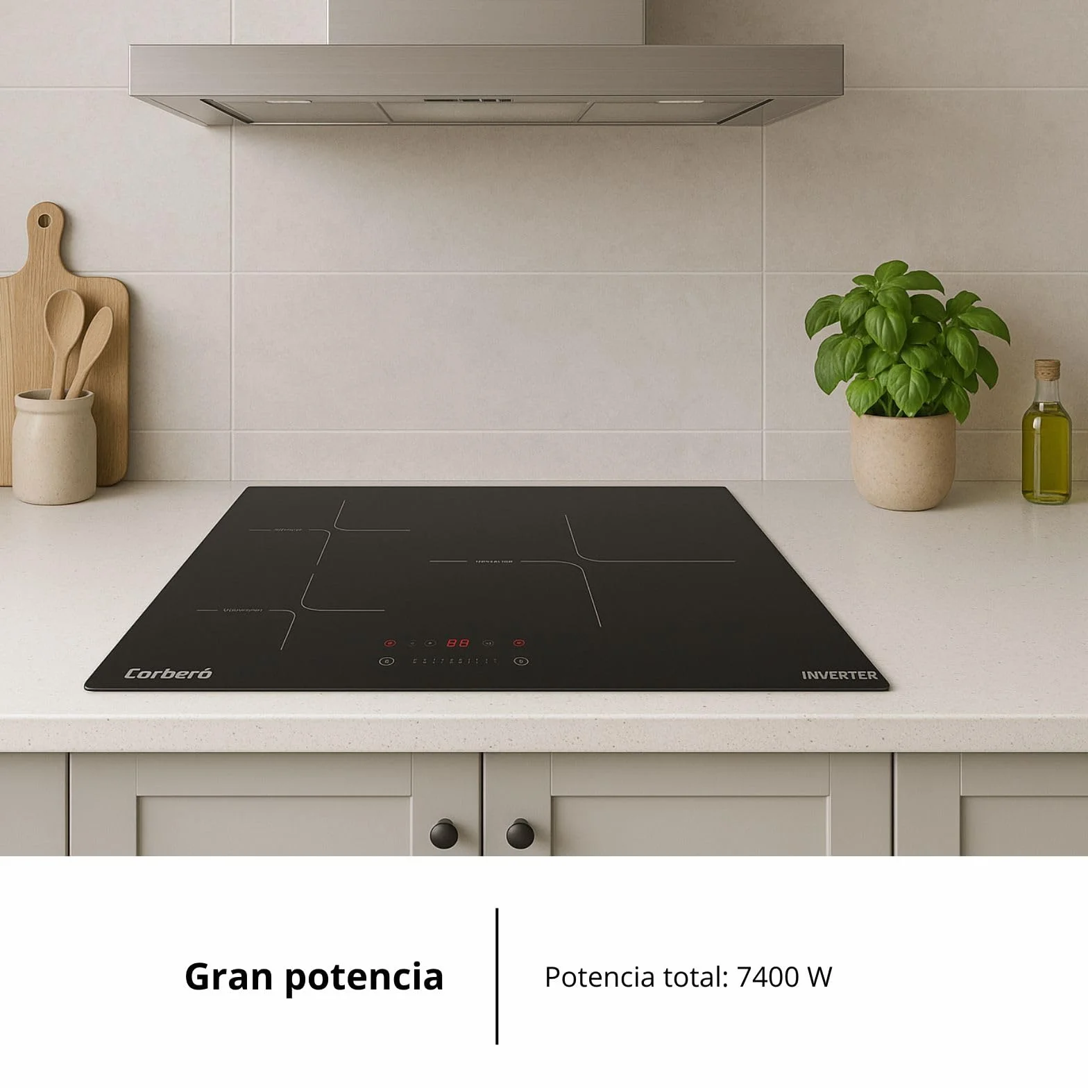 Corberó Placa de Inducción CCIM374 7400W 3 Zonas de Cocción Zona Extra Grande 29 cm Control Táctil Slider Booster Temporizador Bloqueo Seguridad