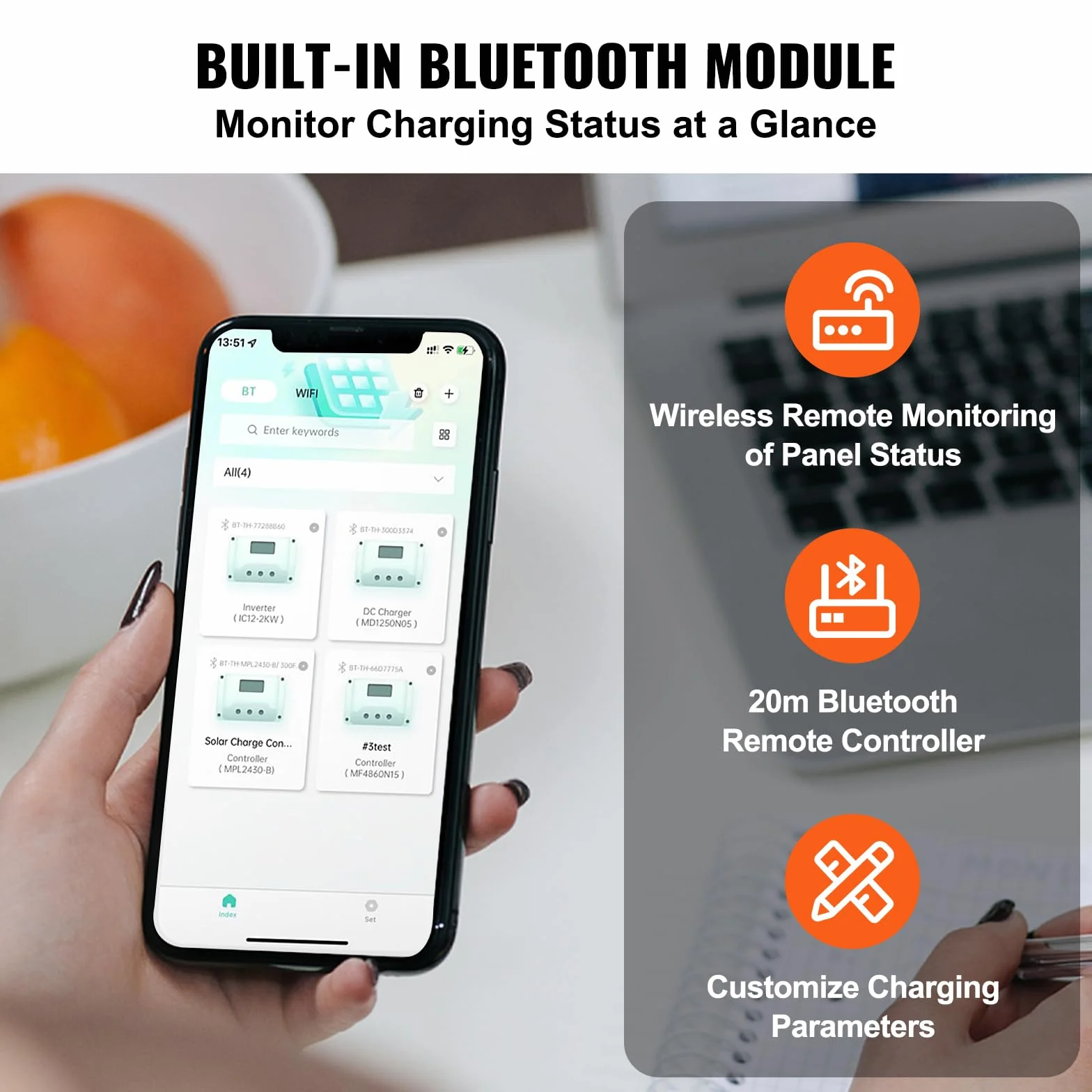 VEVOR Controlador de Carga Solar MPPT 12 V/24 V Auto CC Regulador de Carga del Panel Solar 50A Módulo Bluetooth 98% de Eficiencia de Carga para Baterías Selladas AGM, gel, Inundadas y de Litio