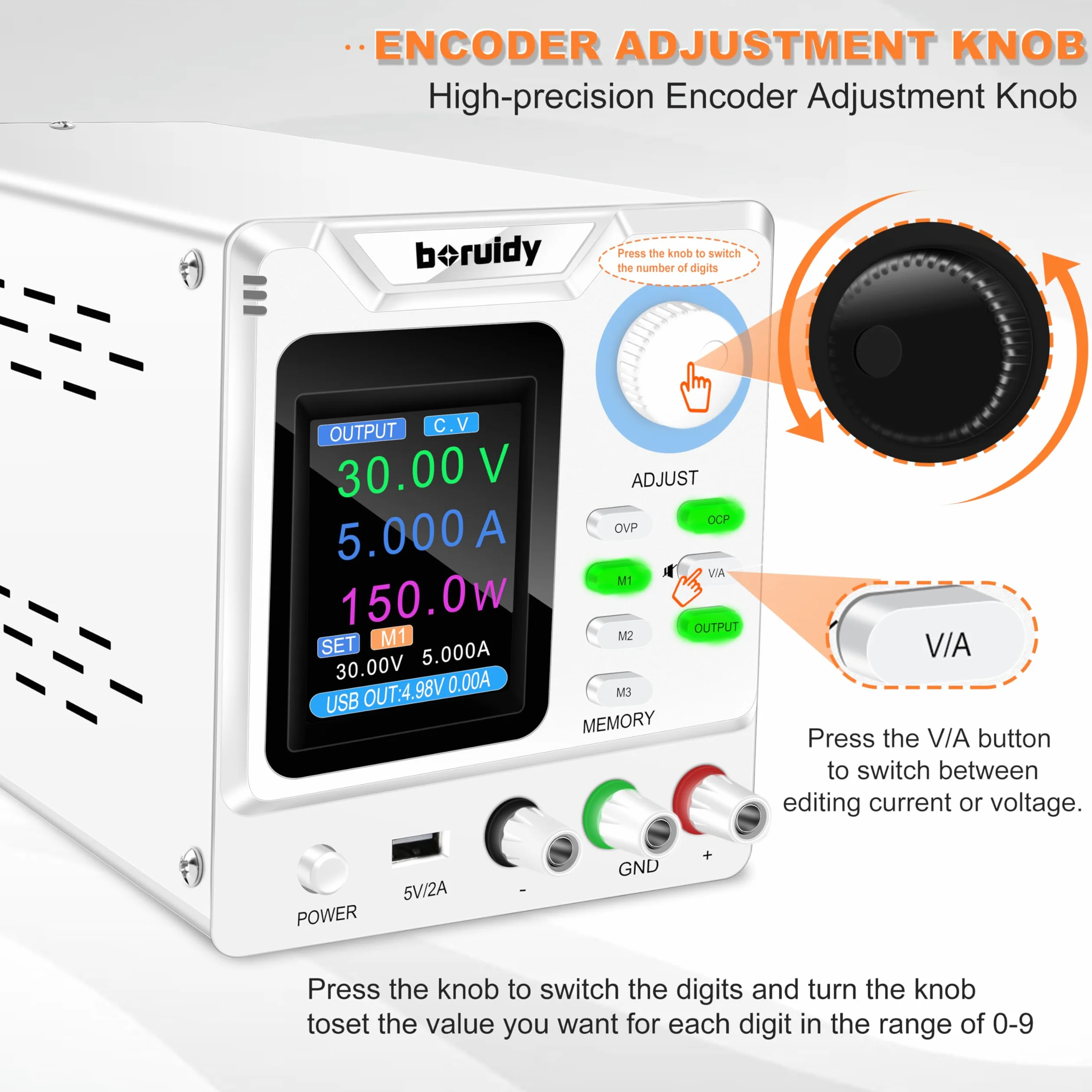 Alimentación de laboratorio ajustable 30 V 5 A boruidy 150 W codificador de alimentación estabilizada ajustable con memorias/salida/OCP OVP con carga rápida USB Pantalla en tiempo real y pantalla TFT