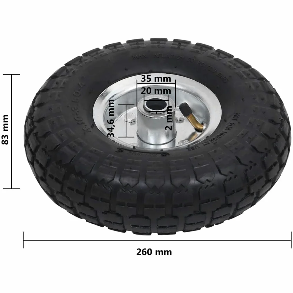 2 ruedas para carretilla, 2 unidades, 260 x 83 mm, goma 4,10 3,50-4, llanta de metal, resistente a pinchazos, 100 kg por rueda, para carretillas, carros de mano, carros de transporte, taller