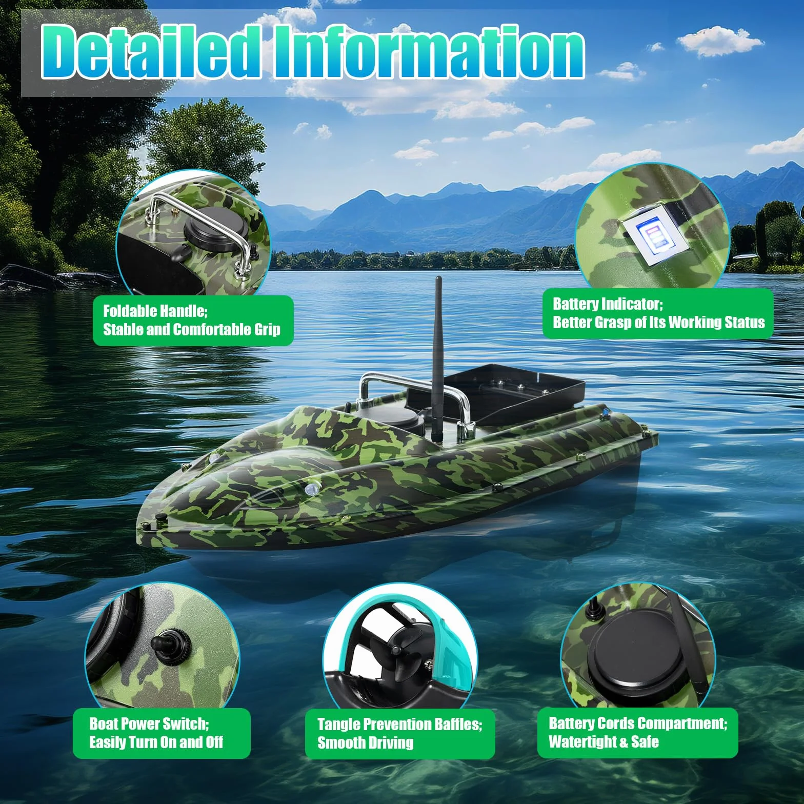 Barco teledirigido 500 m con ecosonda GPS carga 1,5 kg pesca nocturna crucero automático camuflaje