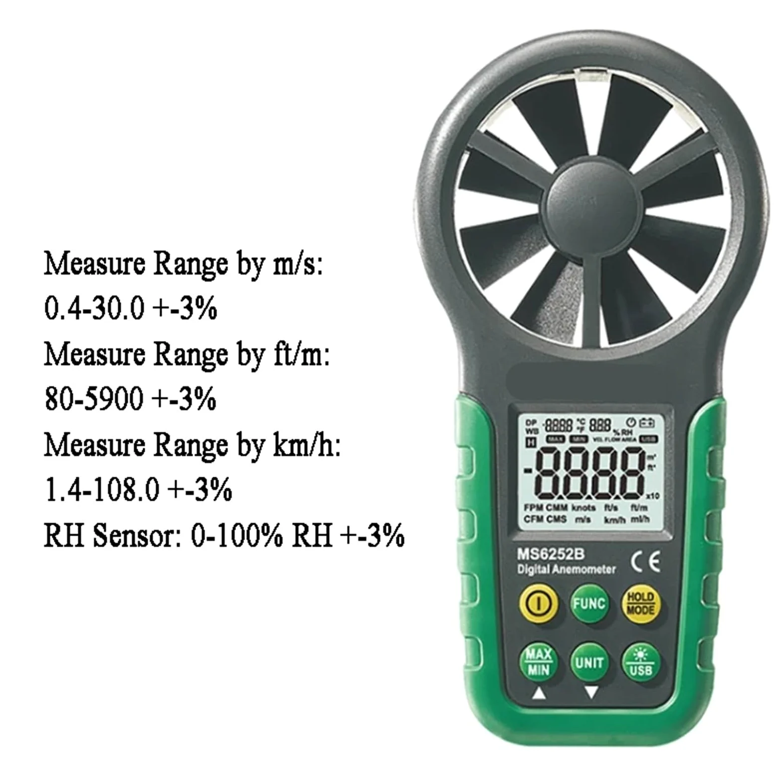 Anemómetro, Anemómetro digital LCD electrónico, medidor de velocidad del viento y volumen aire con pantalla temperatura humedad