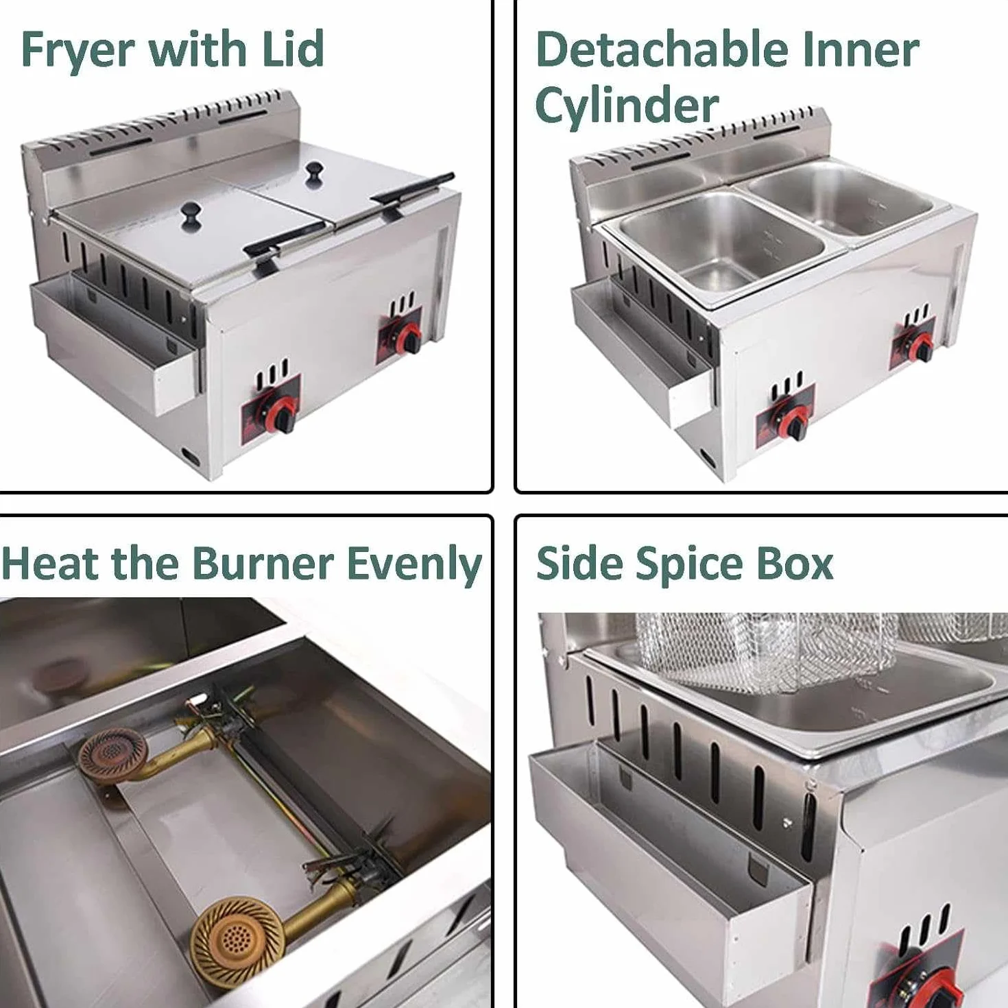 Freidora de gas de acero inoxidable de alta calidad, freidora de GLP de alta capacidad para uso doméstico y comercial, potencia de fuego ajustable, incluye cestas y tapas, perfecta para patatas