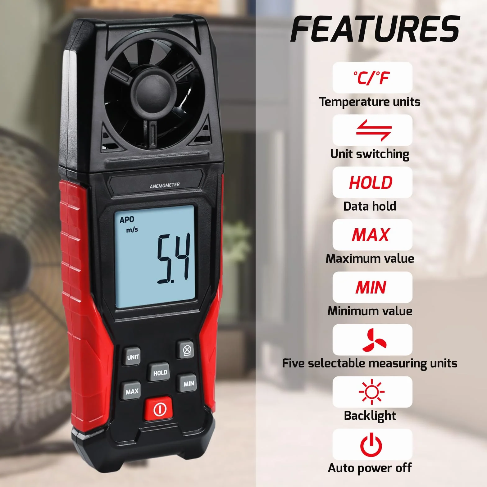 Anemómetro Digital Medidor de Velocidad del Viento 0.3-30 m/s Temperatura Pantalla Retroiluminada Max/Min