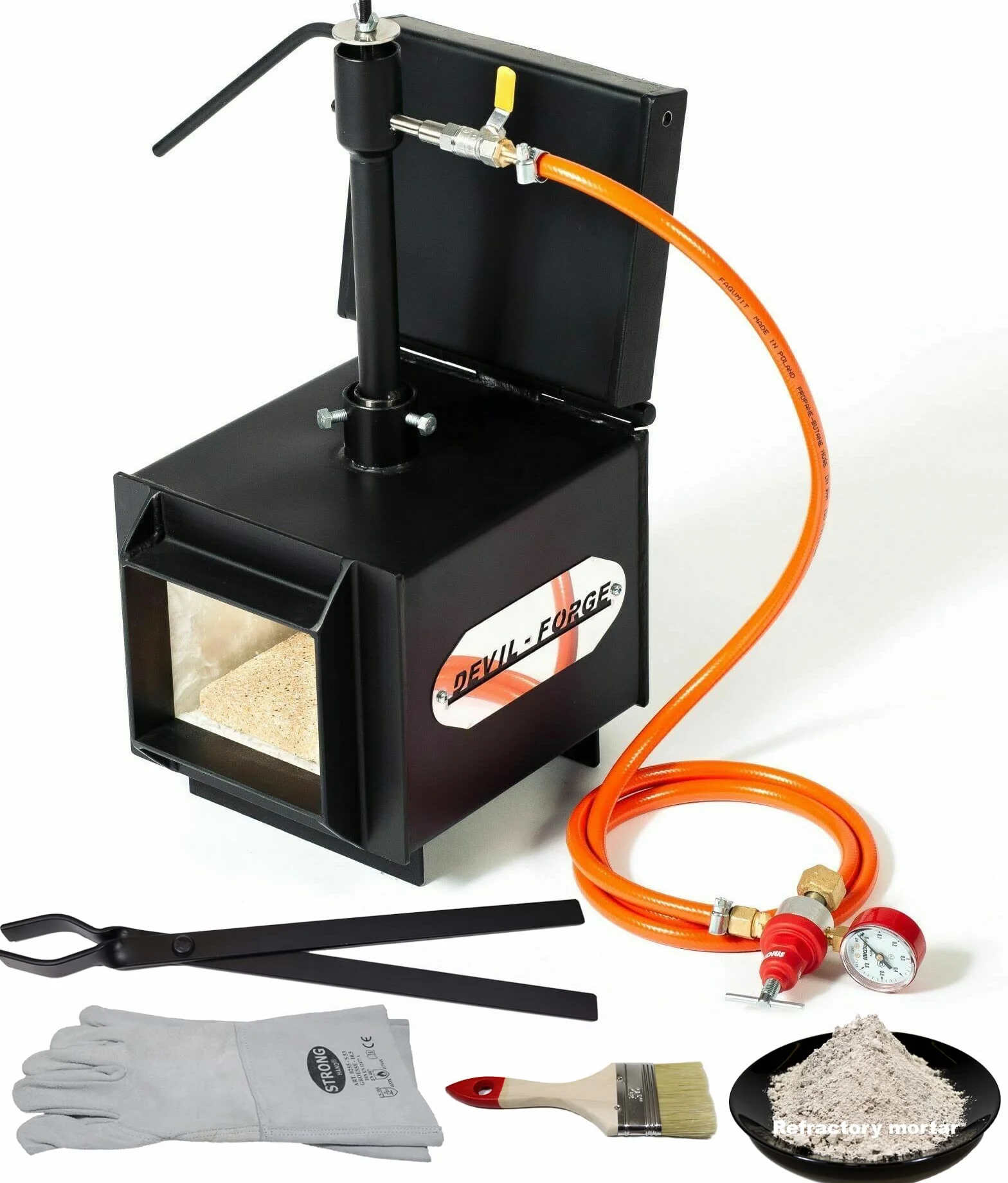 DEVIL-FORGE Fragua de gas DFPROF1+1D/2” Horno de Forja, 1 Quemador DFP (80.000 BTU) Válvula de bola, Estrangulador de aire, 1 Puerta, Fabricación de cuchillos Herrero Herrador 1370°C Aislamiento doble