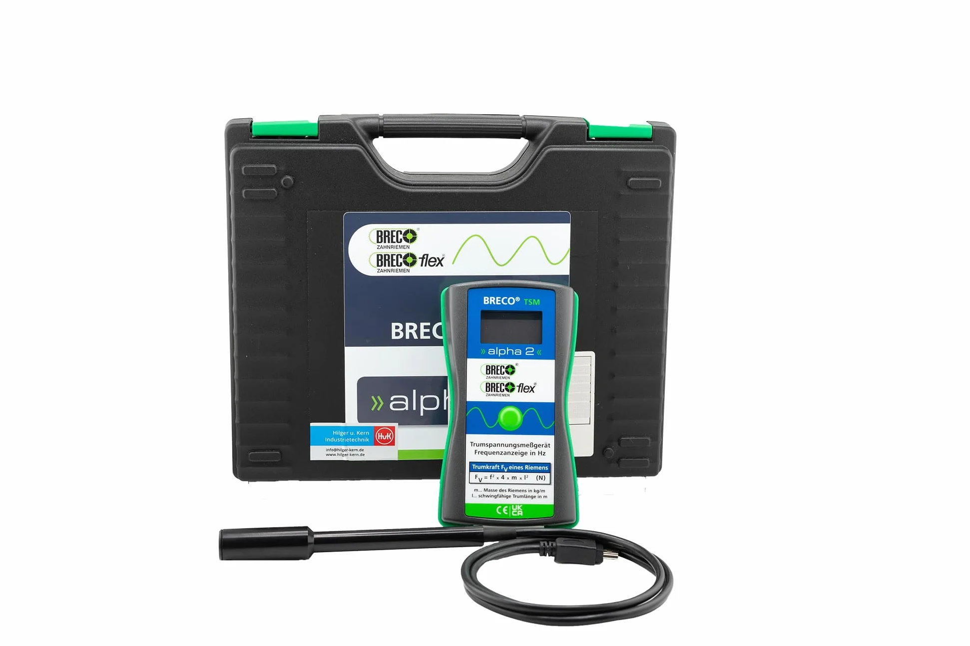 Breco® Trum TSM ALPHA 2 - Medidor de tensión de correa (rango de medición de 5 a 500 Hz, pantalla LCD de 3 dígitos, sensor externo de 15,5 mm y 125 mm de longitud, cable de conexión con mini USB