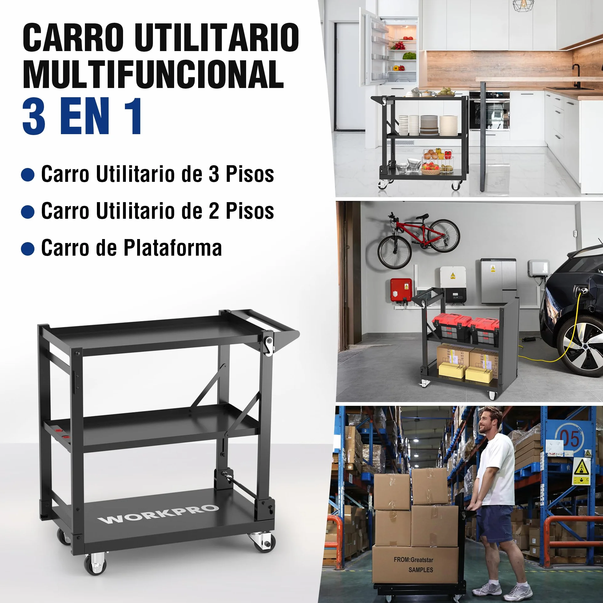 WORKPRO Carro de Servicio, 3-en-1 Carrito Plegable con Ruedas, Estantes de Almacenamiento Multifuncionales de Alta Resistencia, para Cocina, Hotel, Taller, Oficina, Almacén y Casa