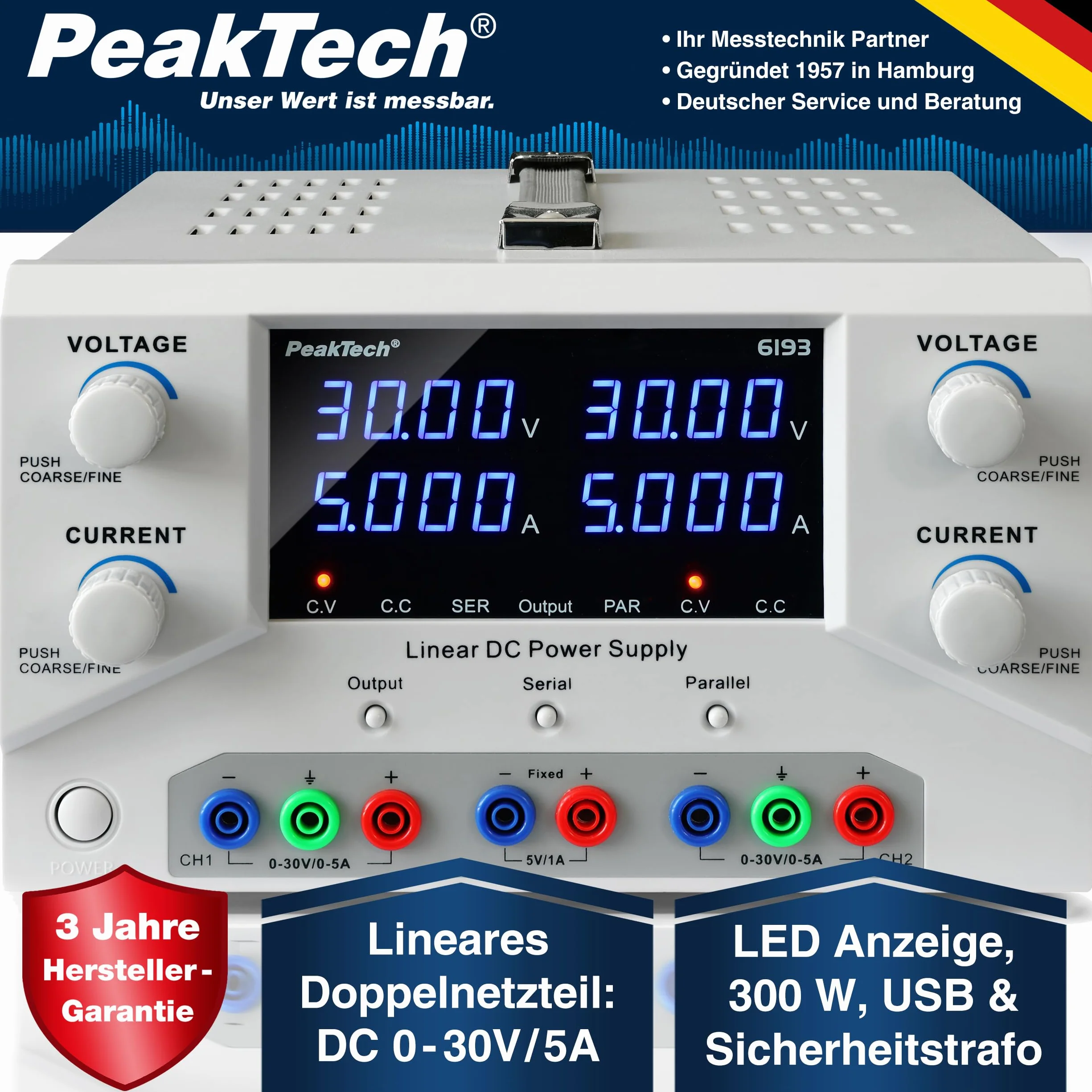 PeakTech, 6193, Fuente de alimentación de laboratorio 2 x 0, 30 V / 0, 5 A DC SELV fuente de alimentación lineal con transformador de aislamiento, fuente de alimentación de laboratorio con USB