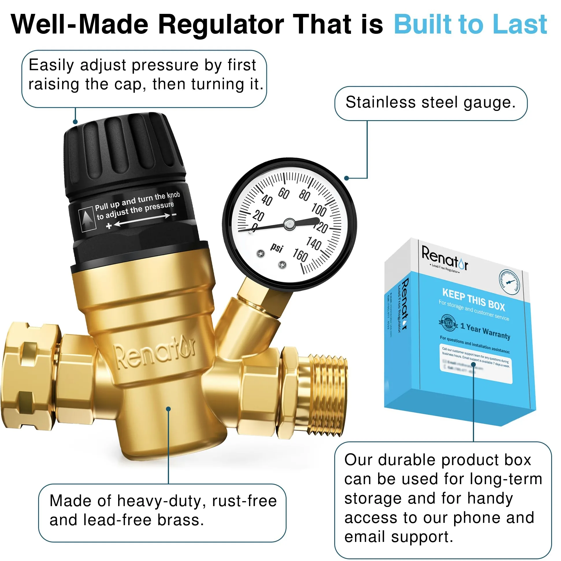 Renator Regulador de presión de agua RV para cámper, regulador de presión de agua ajustable sin plomo de latón con manómetro. Regulador de agua RV para caravana remolque de viaje, válvula reductora W