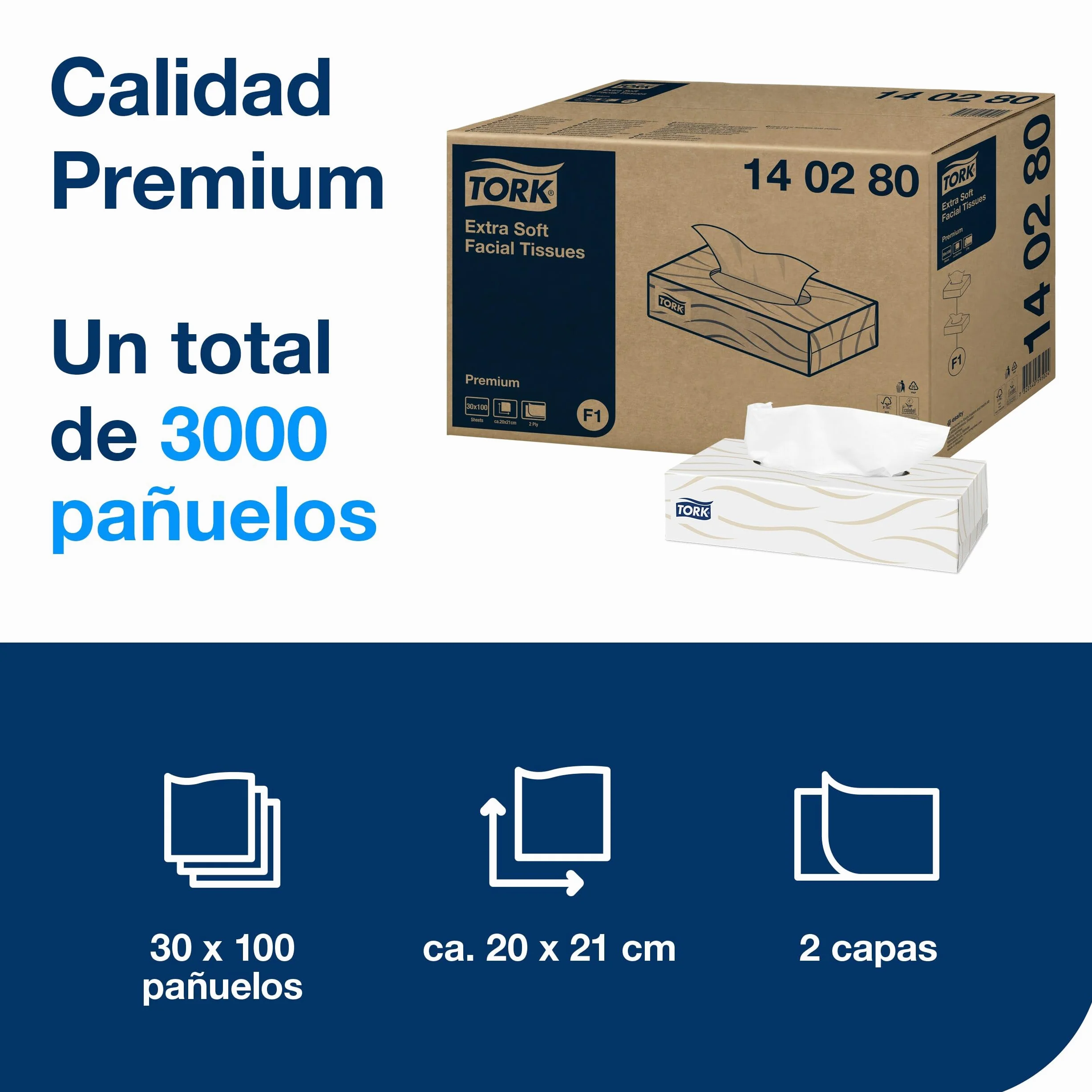 Tork Pañuelos Faciales Suaves Blancos F1, Premium, 2 capas, 30 x 100 hojas, 140280