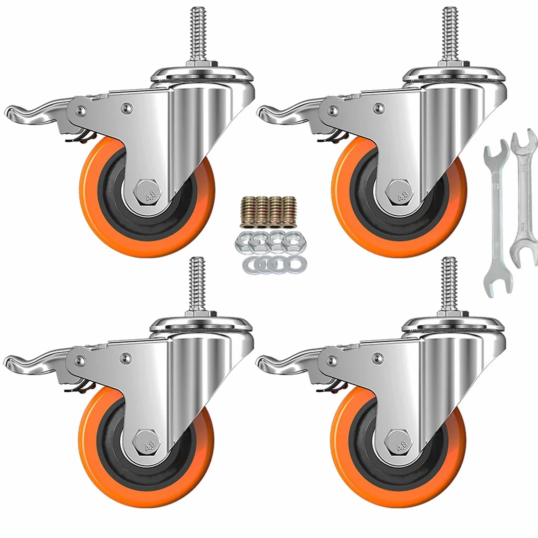 Stem Caster Wheels Heavy Duty Casters PVC M8-1.25x1″ (Stem Diameter 8mm, Stem Length:1″) Casters with Brake Dual Locking for Home, Office, Industry use (2 Inch, with Brake)