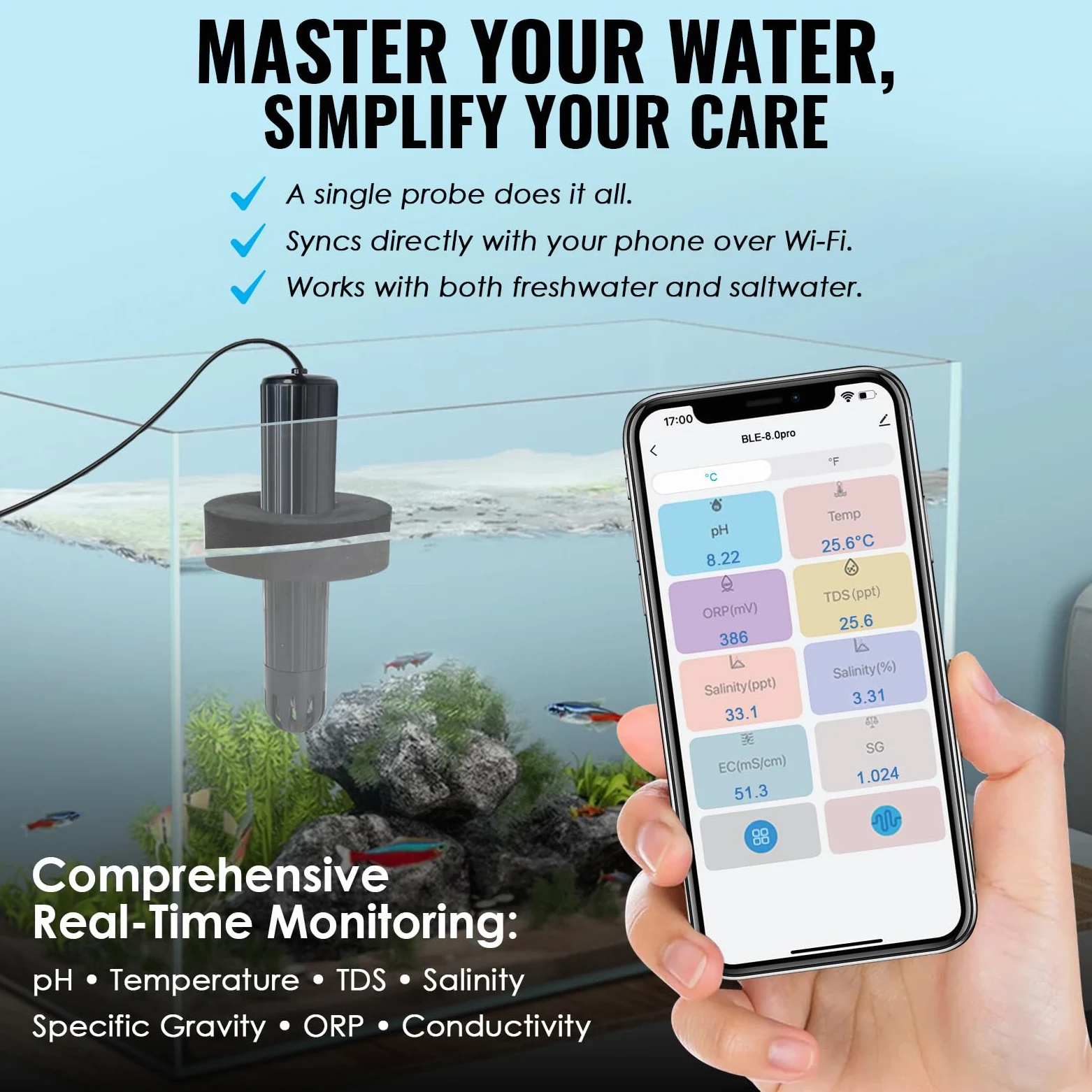 TEKCOPLUS Monitor inteligente WiFi de calidad del agua, 7 en 1, probador digital de acuario e hidropónico para pH, temperatura, TDS, salinidad EC, gravedad específica y sonda multiparámetro ORP en