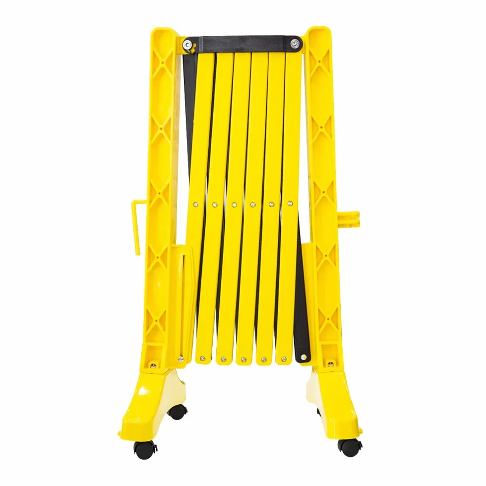 Barrera de seguridad plegable amarilla - 350 cm | Barricada extensible de plástico para seguridad peatonal | Valla de barricada móvil portátil con 4 ruedas