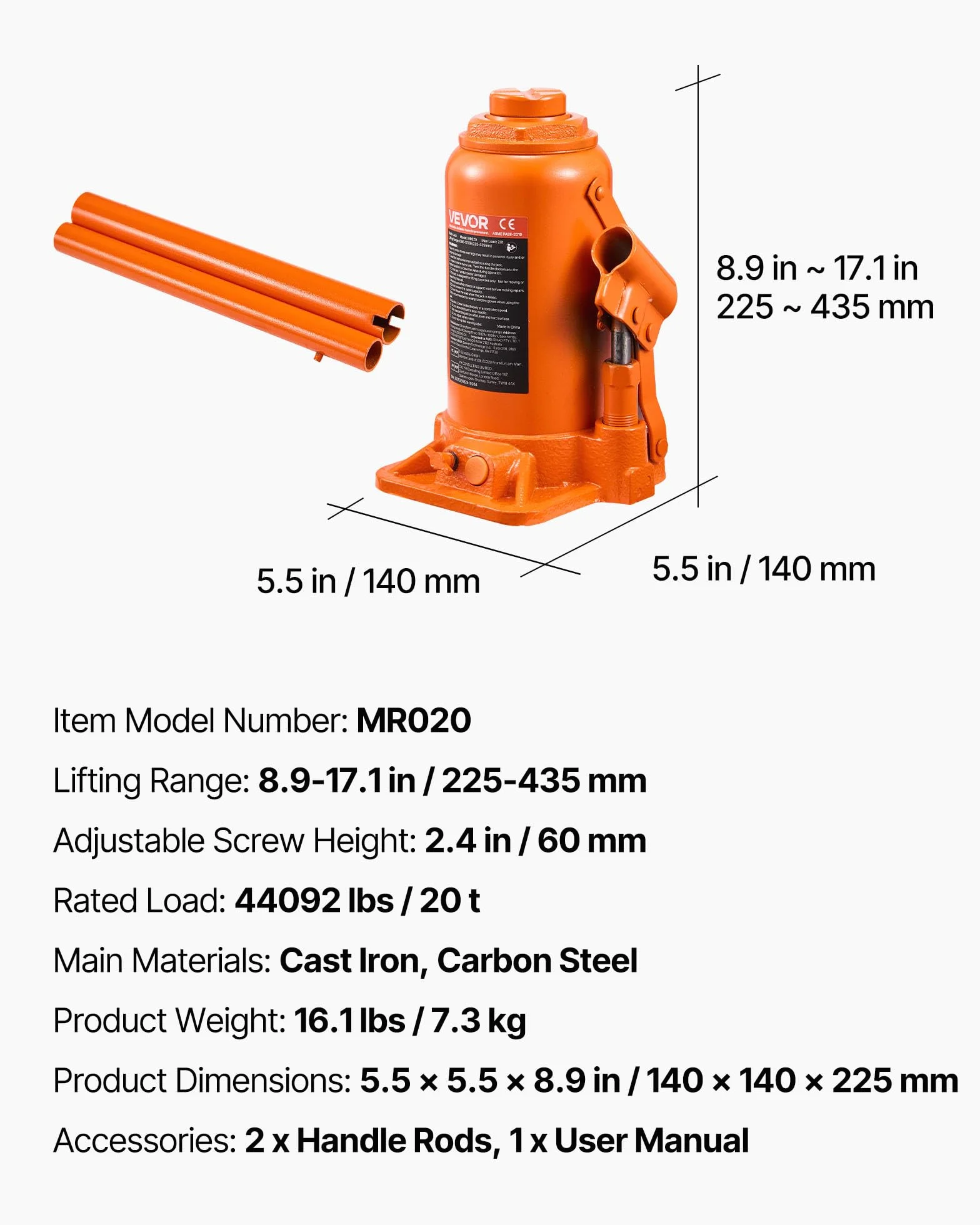 VEVOR Gato Hidráulico de Suelo 20 T, Elevación 225-435 mm, para Coches SUV Camionetas