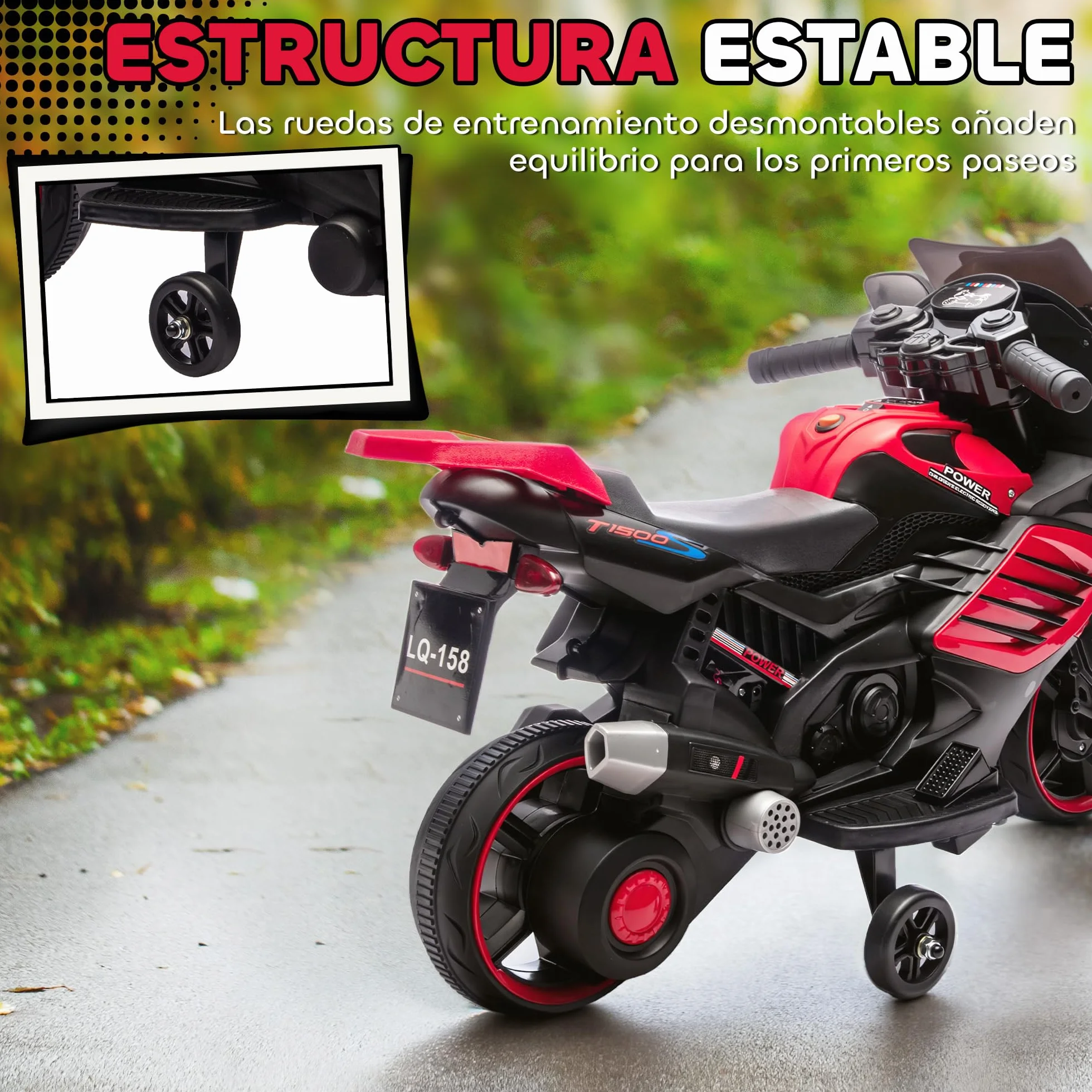 AIYAPLAY Moto Eléctrica para Niños 6V, con Ruedas de Apoyo, Música, Faro, Rojo