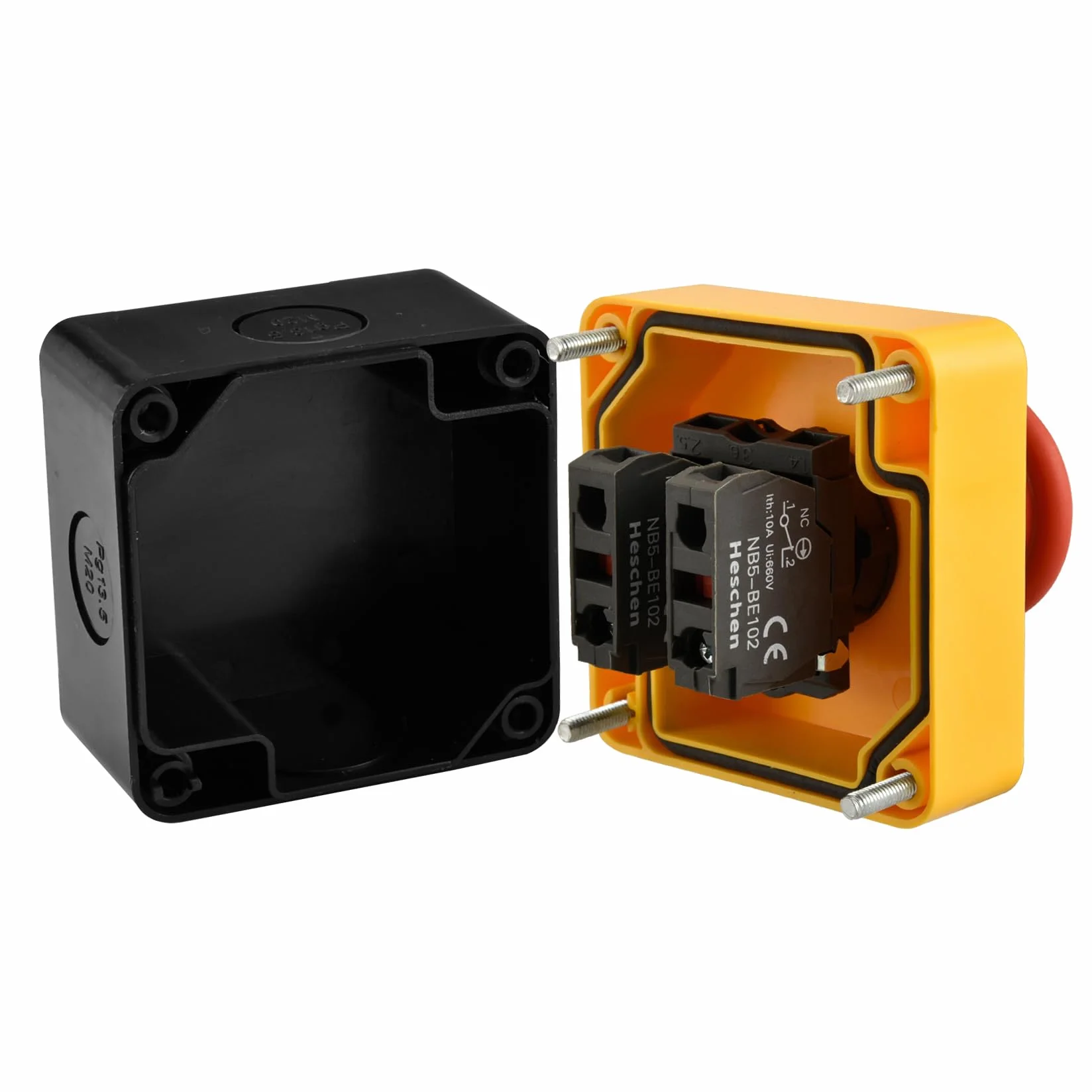 Heschen Interruptor de emergencia IP65 resistente a la intemperie con carcasa y llave, 2NC 660 V 10 A, interruptor de botón rojo con inscripción EMERGENCY STOP para industria, 1 unidad