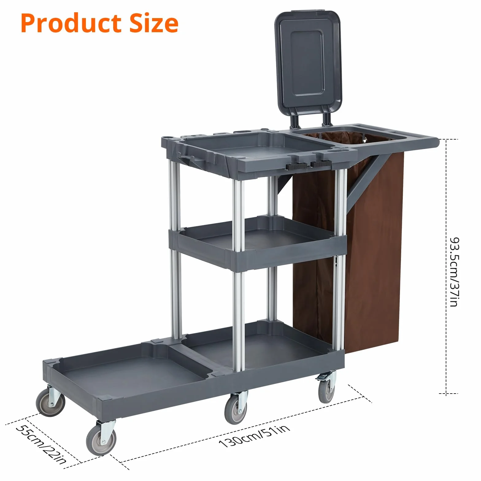 Carro de Limpieza Comercial,Carro Limpieza Profesional para Hoteles y Hospitales con Estantes, Carro de Servicio con 6 Ruedas y Bolsa de Vinilo para Oficina y Hotel, Capacidad de 300 LB