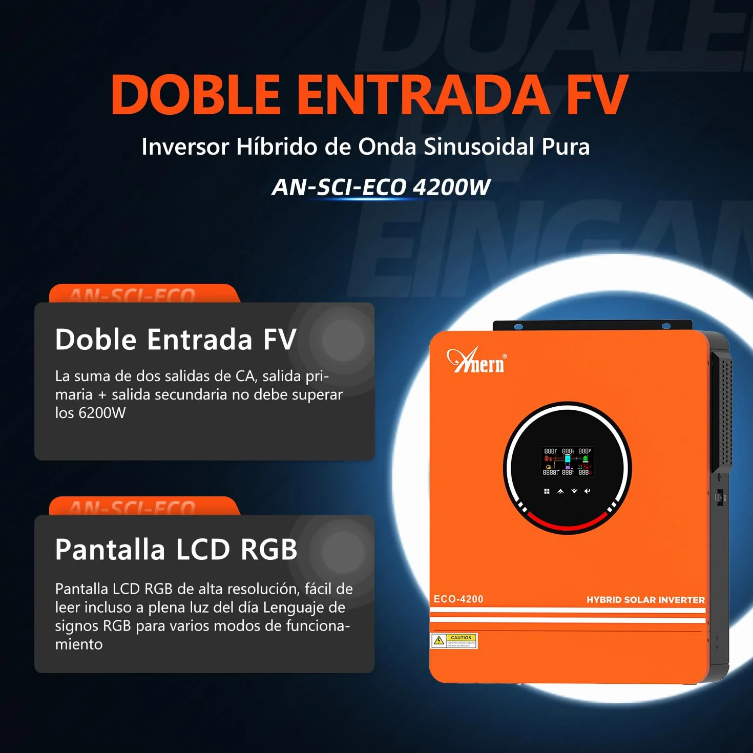 Anern 4200W Inversor Solar Híbrido 24V DC a 220V-240V AC, Controlador Solar MPPT de 120A Integrado, Funciona con Baterías de Plomo y Ácido de Litio de Tensión de Entrada PV Máx. 450V con WiFi