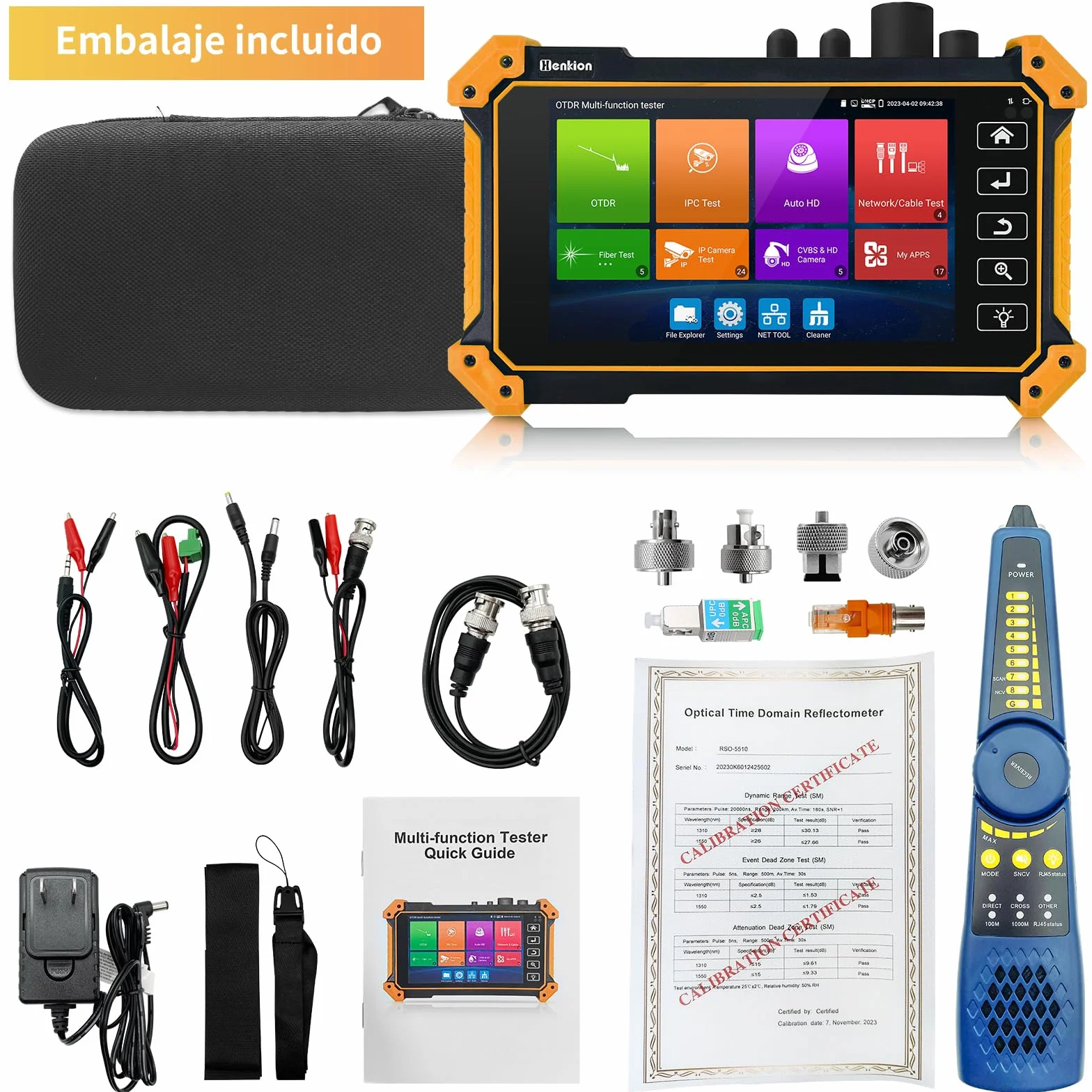 Henkion Probador de Fibra Óptica OTDR RSO-5510 1310/1550nm 28/26dB, Alcance 150km, Probador CCTV IPC/TVI/CVI/AHD/CVBS, Conectores FC/UPC SC St LC, OPM OLS LS VFL con Mapa de Eventos