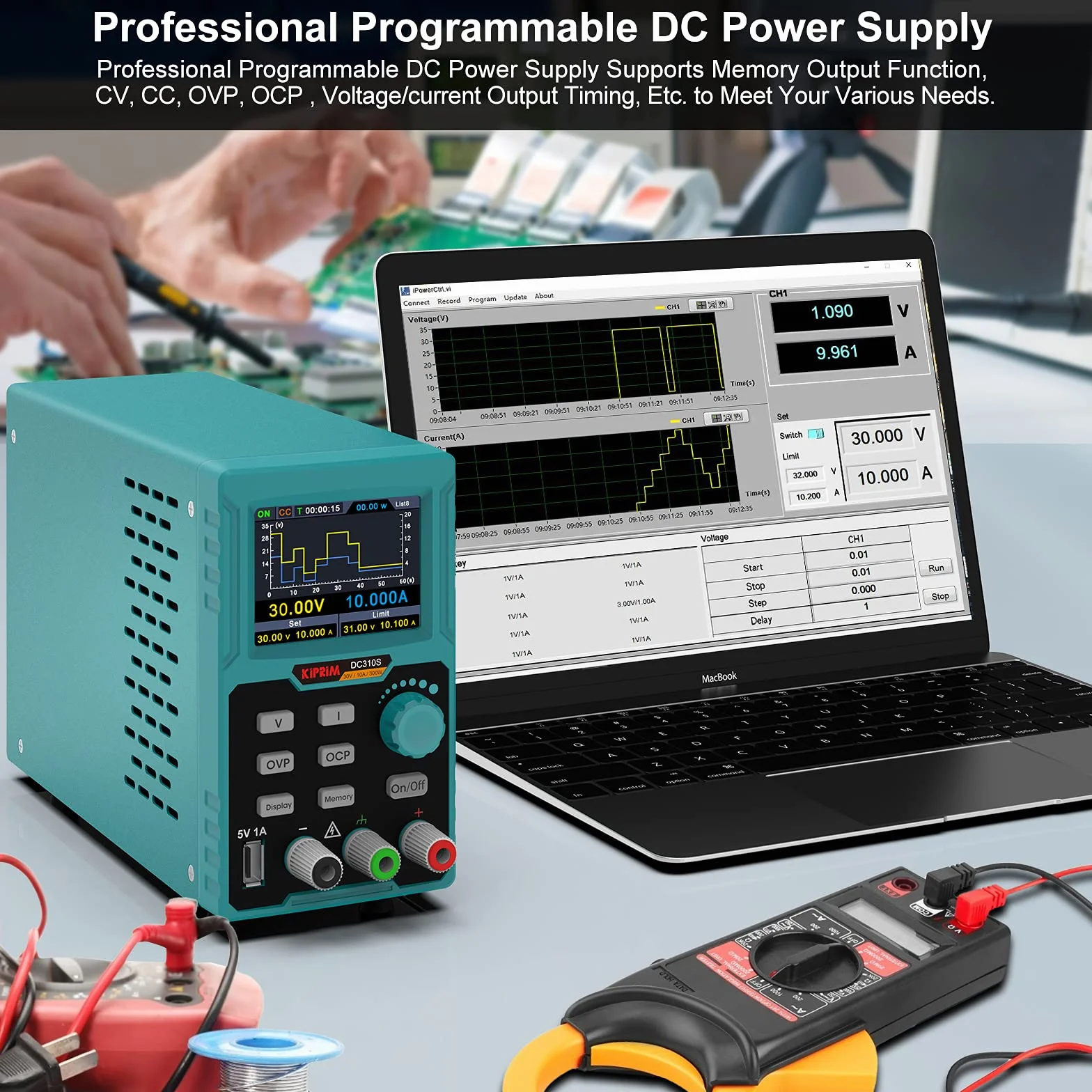 Kiprim Fuente de Laboratorio Regulable, 0-30V 0-10A 300W con Memoria Rápida M1-M4, Fuente DC Programable con Pantalla TFT, Protección OVP/OCP/OTP, Puertos USB - DC310S